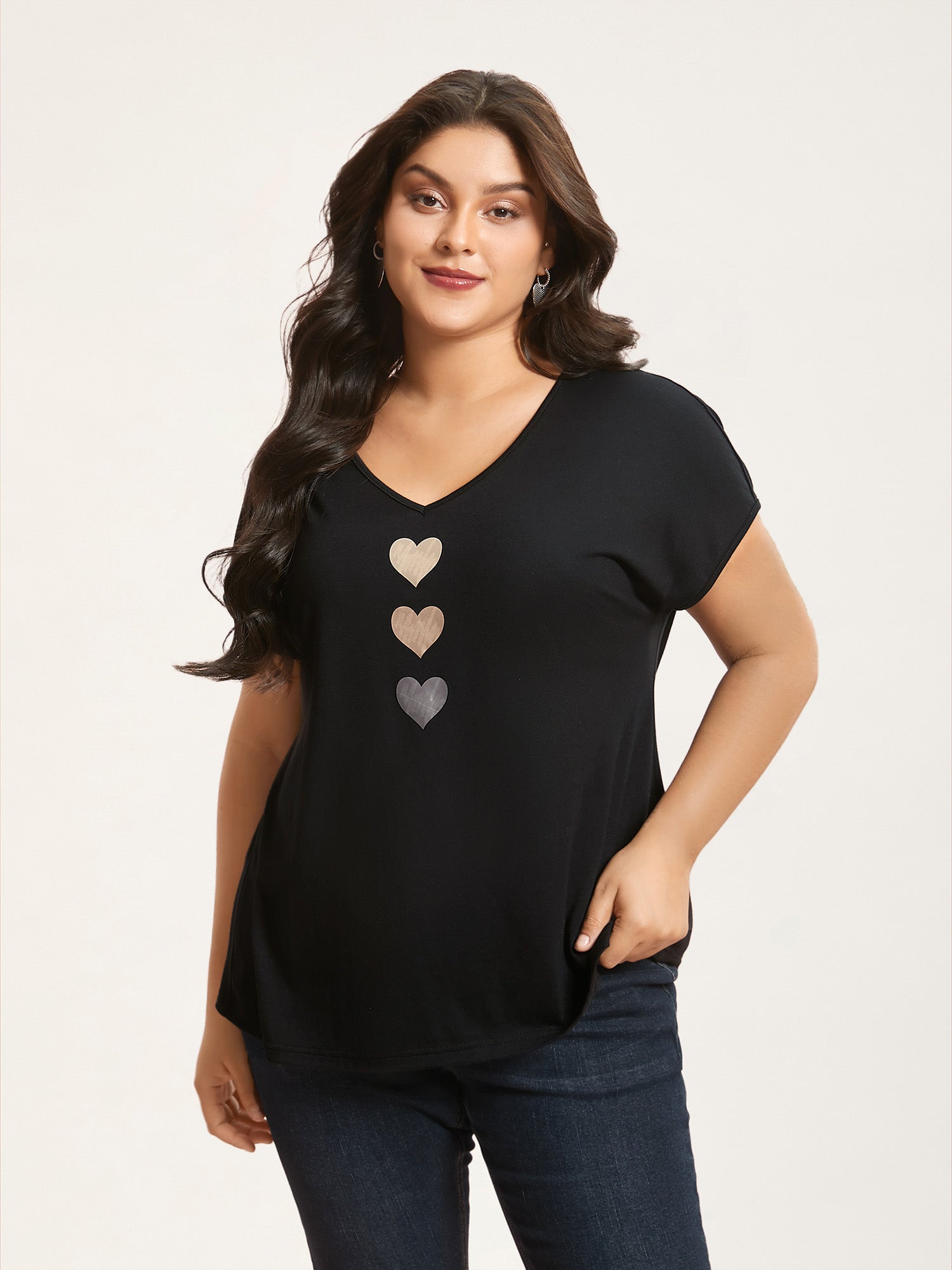 Heart Print Stretchy Dolman Sleeve T-Shirt