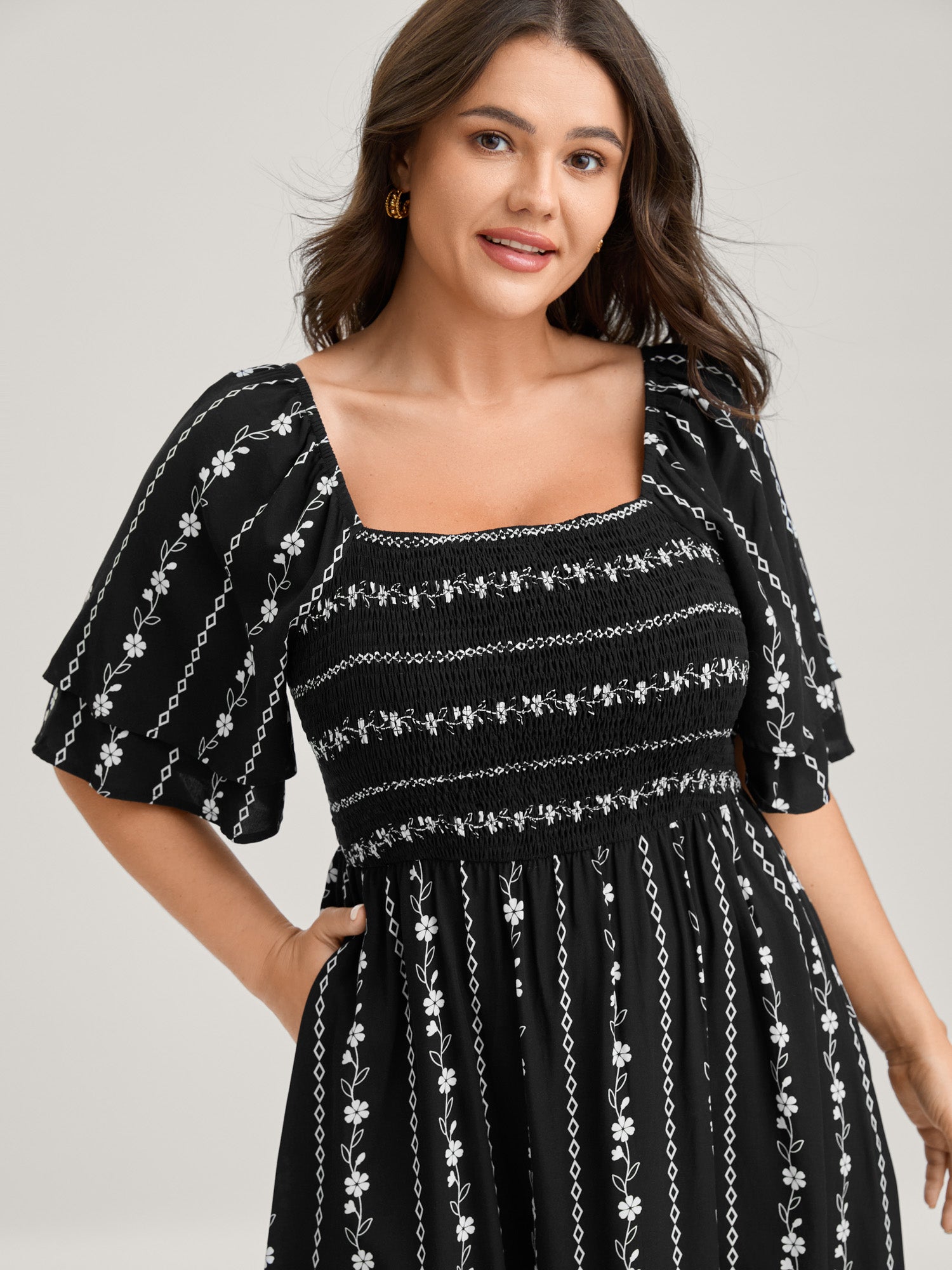 Floral Stripes Layered Ruffle Sleeve Midi Dress