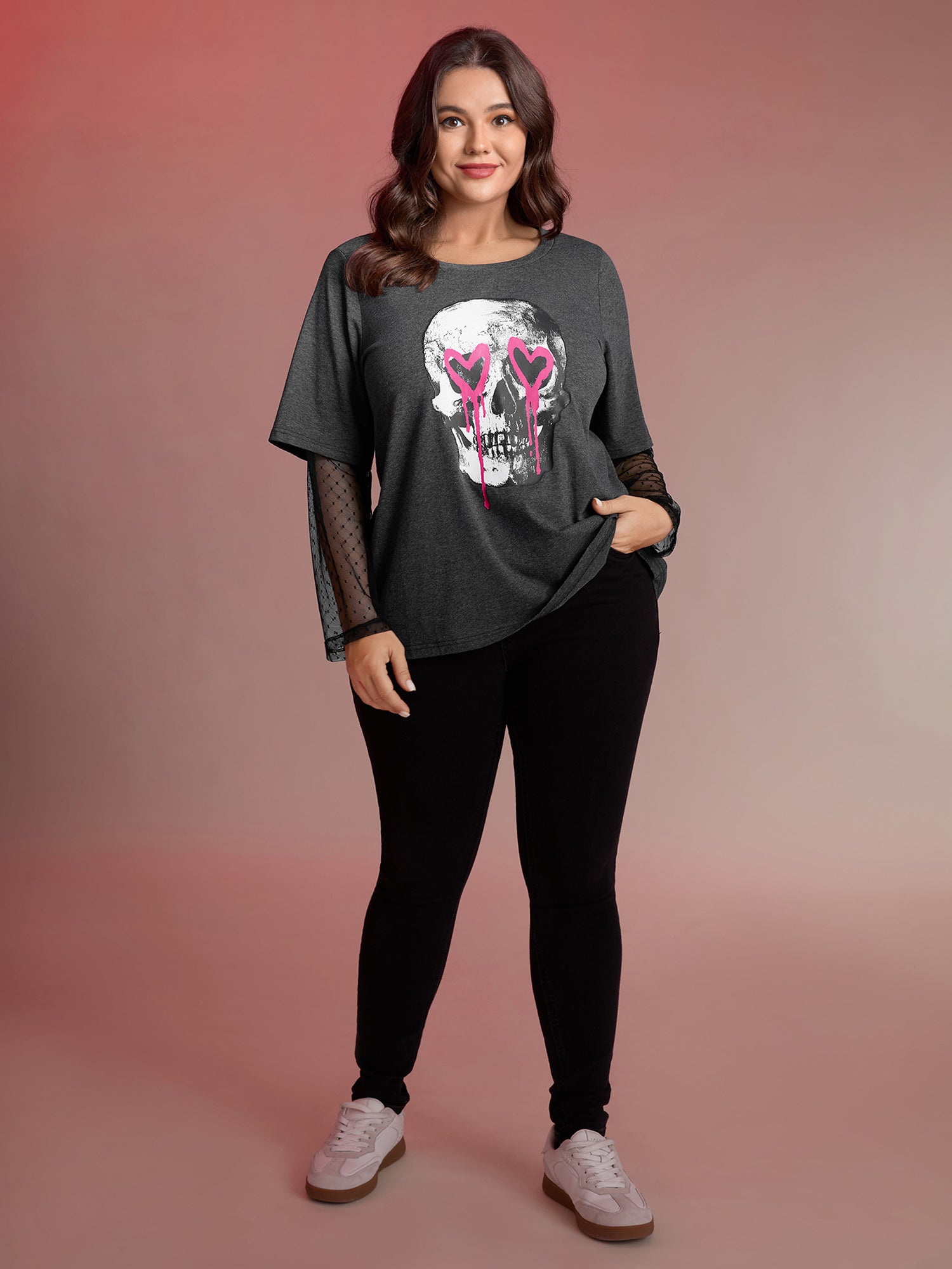 Love Skull Partial Sheer Sleeve T-Shirt