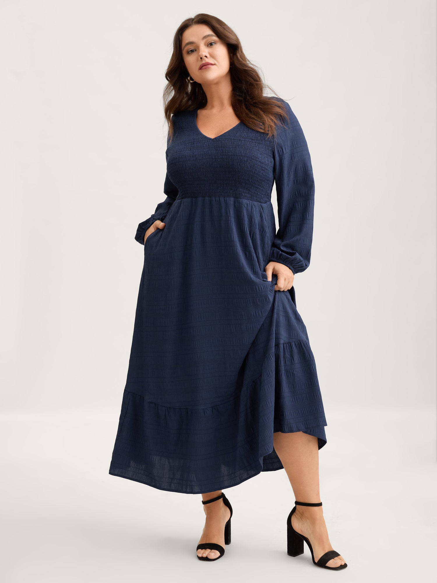 Solid Shirred Plisse Flutter Hem Dress