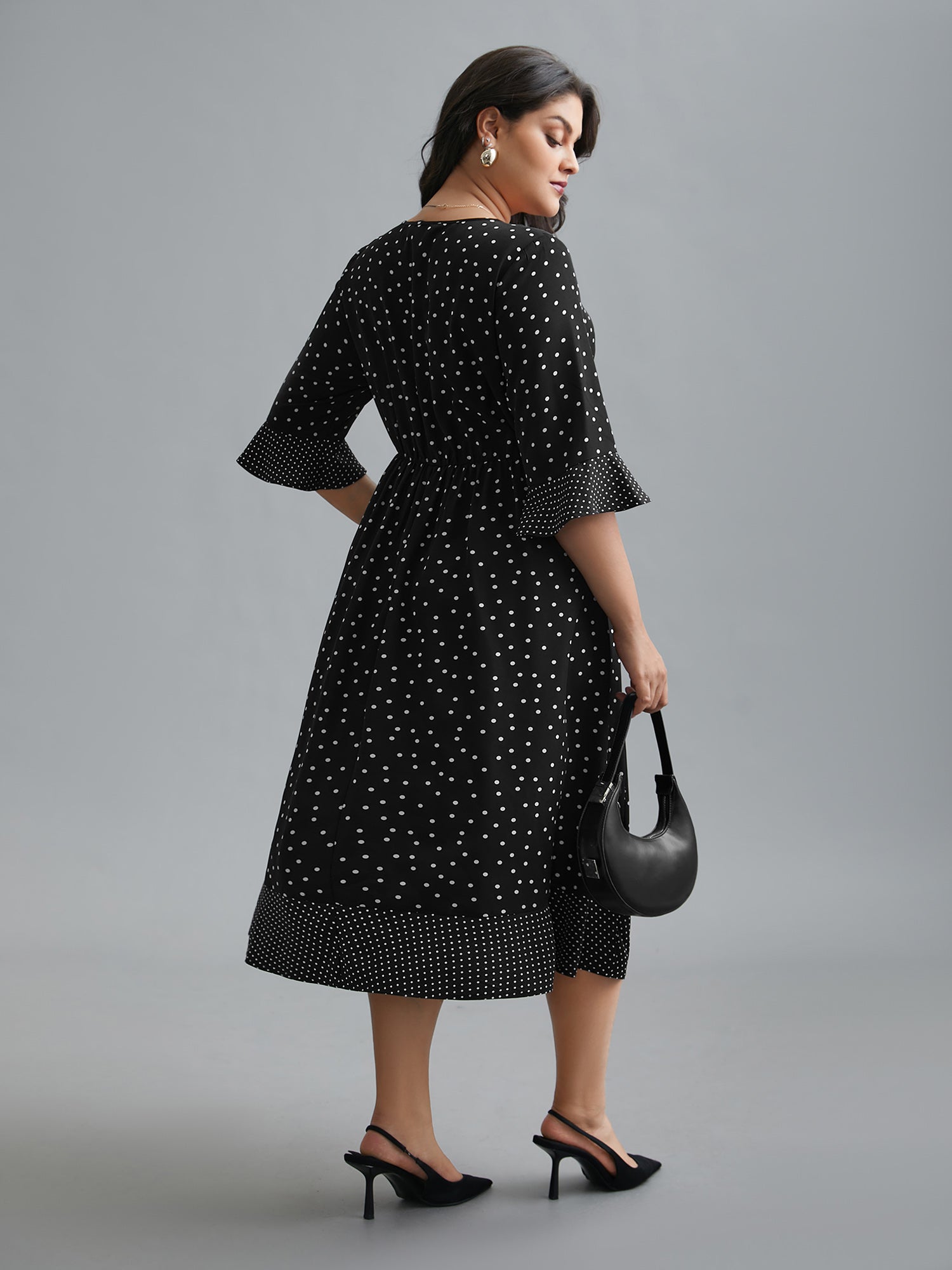 Crew Neck Polka Dot Waist Cinched Dress