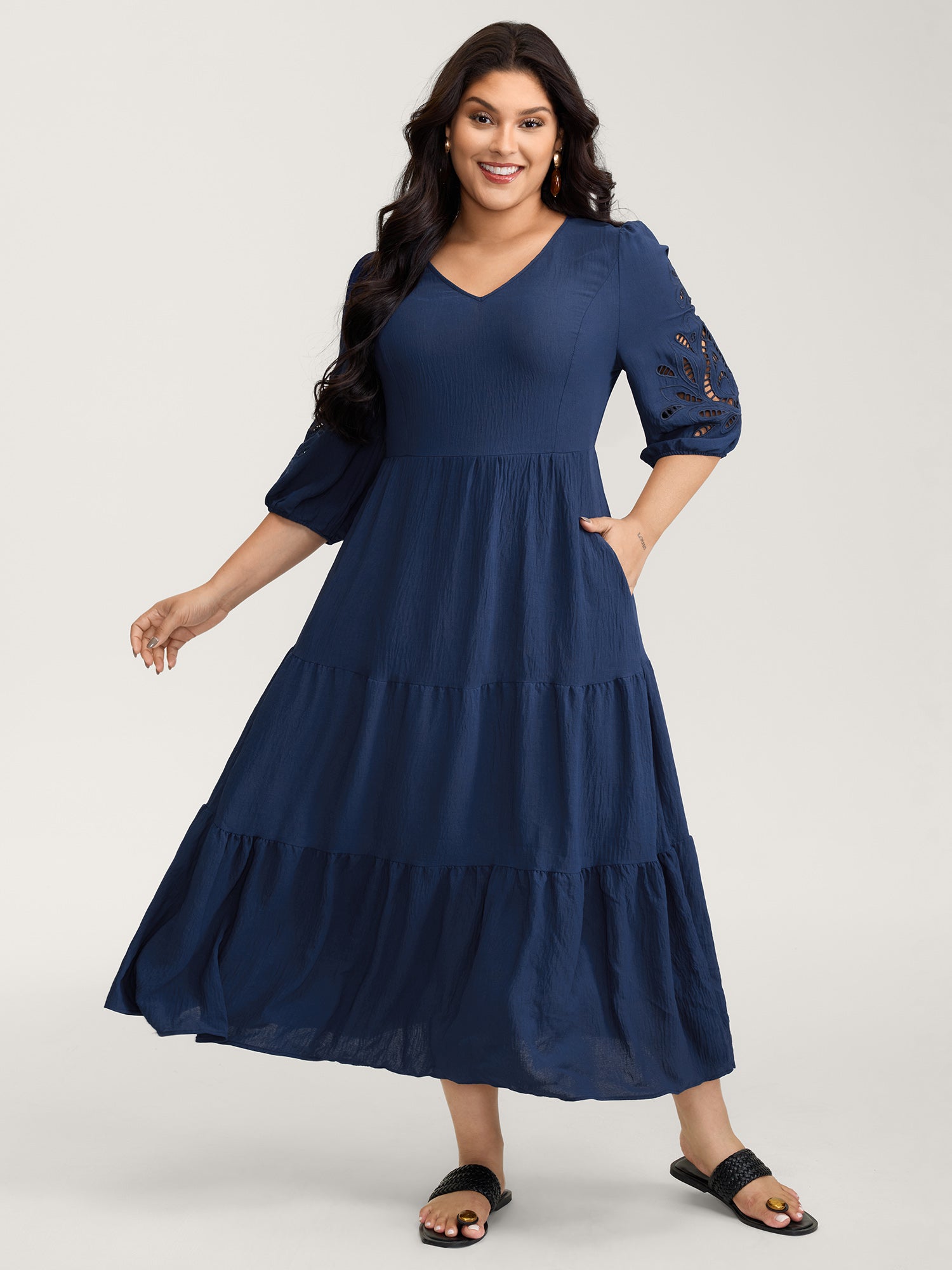 Floral Cut-Out Embroidery Tiered Maxi Dress