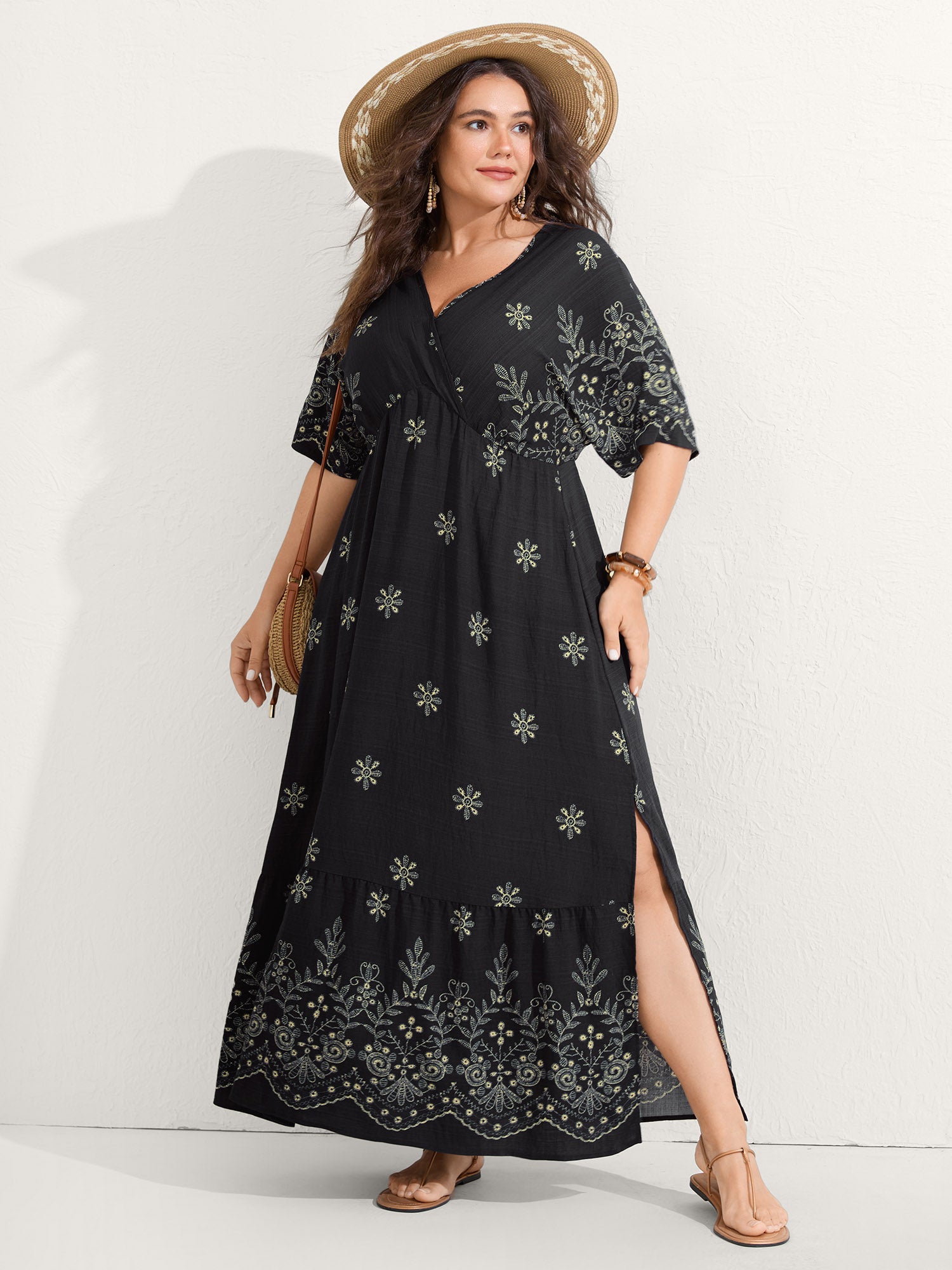 Surplice Neck Split Side Pockets Midi Dress