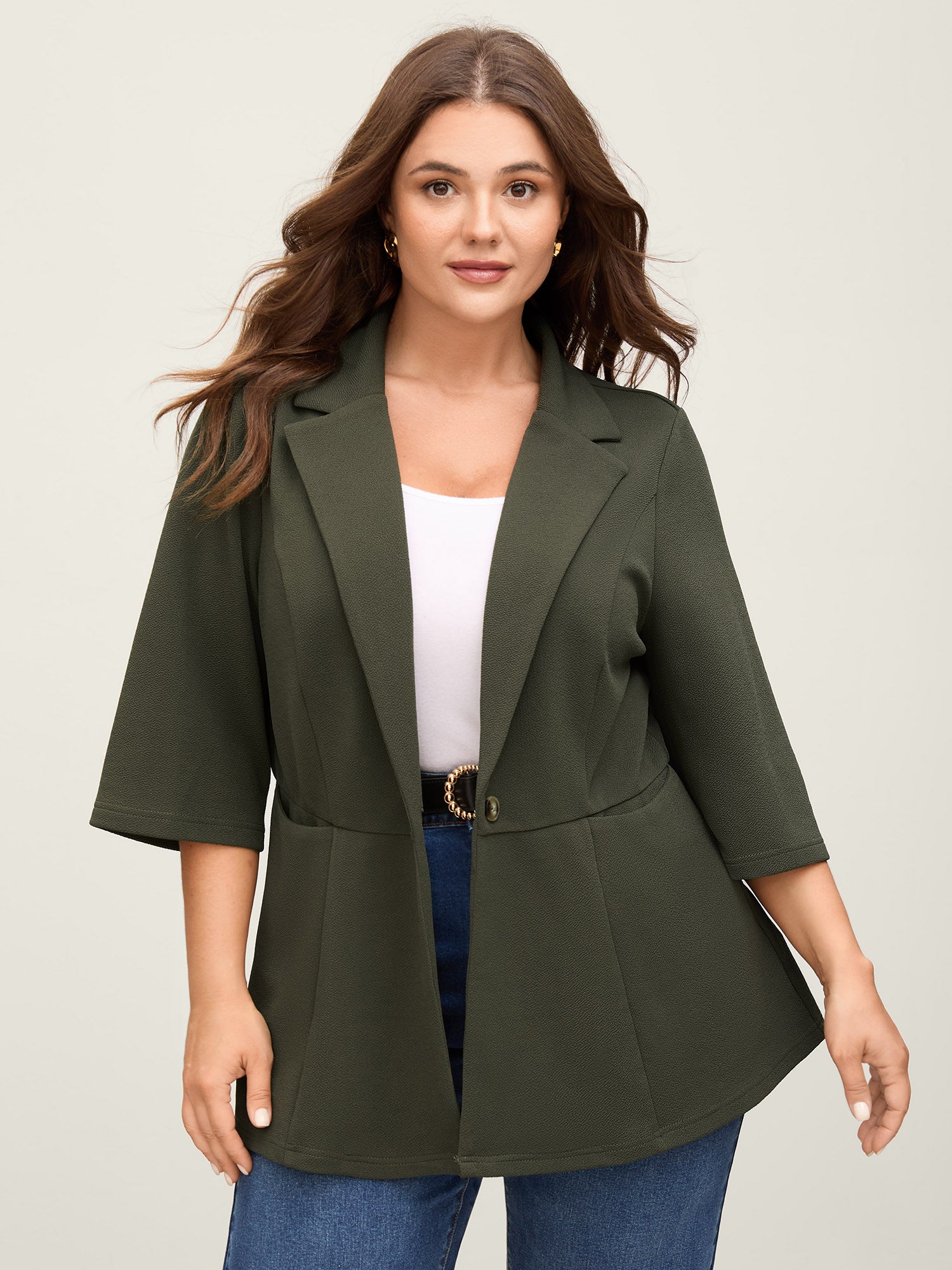 Stretchy Textured Cinched Flared Waist Blazer