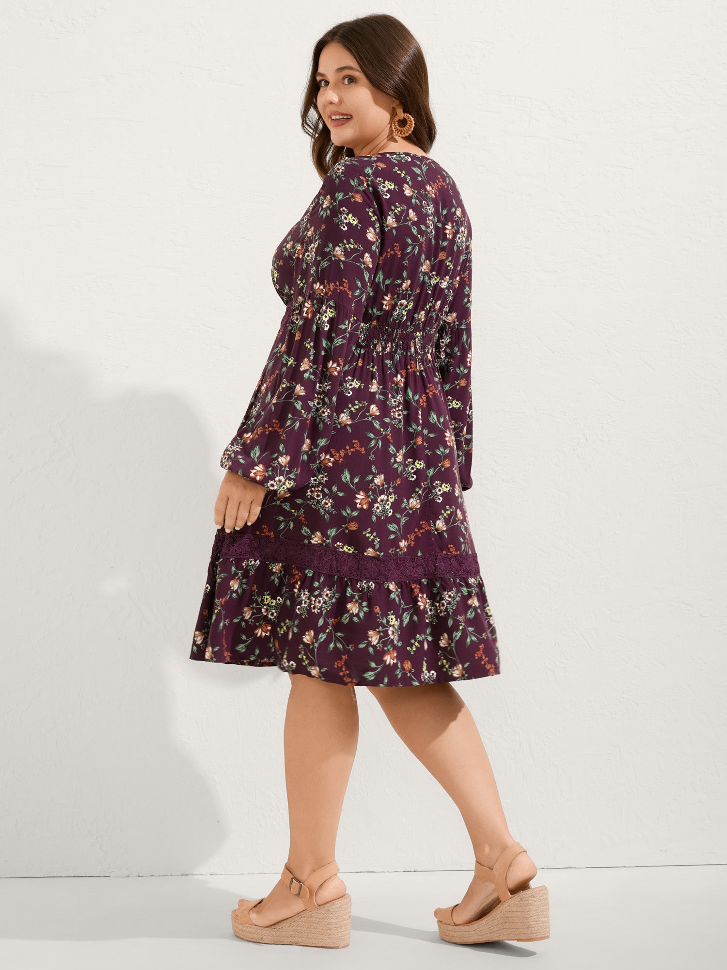 Supersoft Floral Print Lace Trim Knee-Length Dress