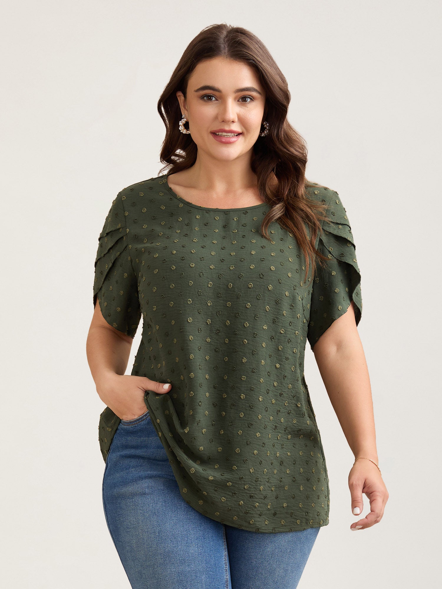 Textured Color Contrast Petal Sleeve Blouse