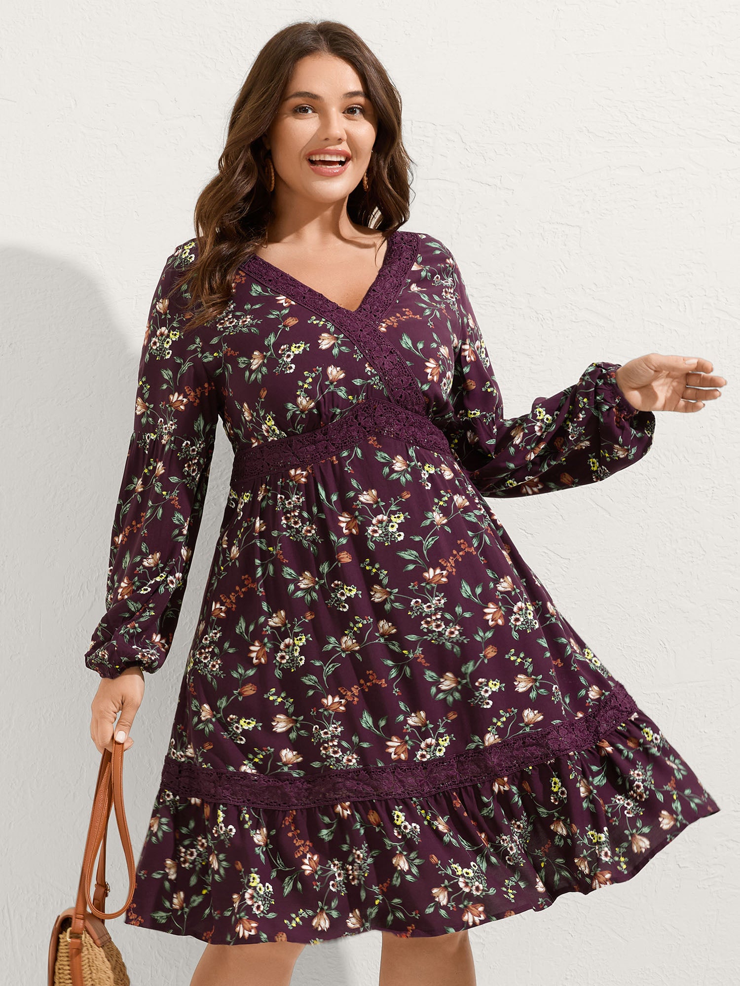 Supersoft Floral Print Lace Trim Knee-Length Dress