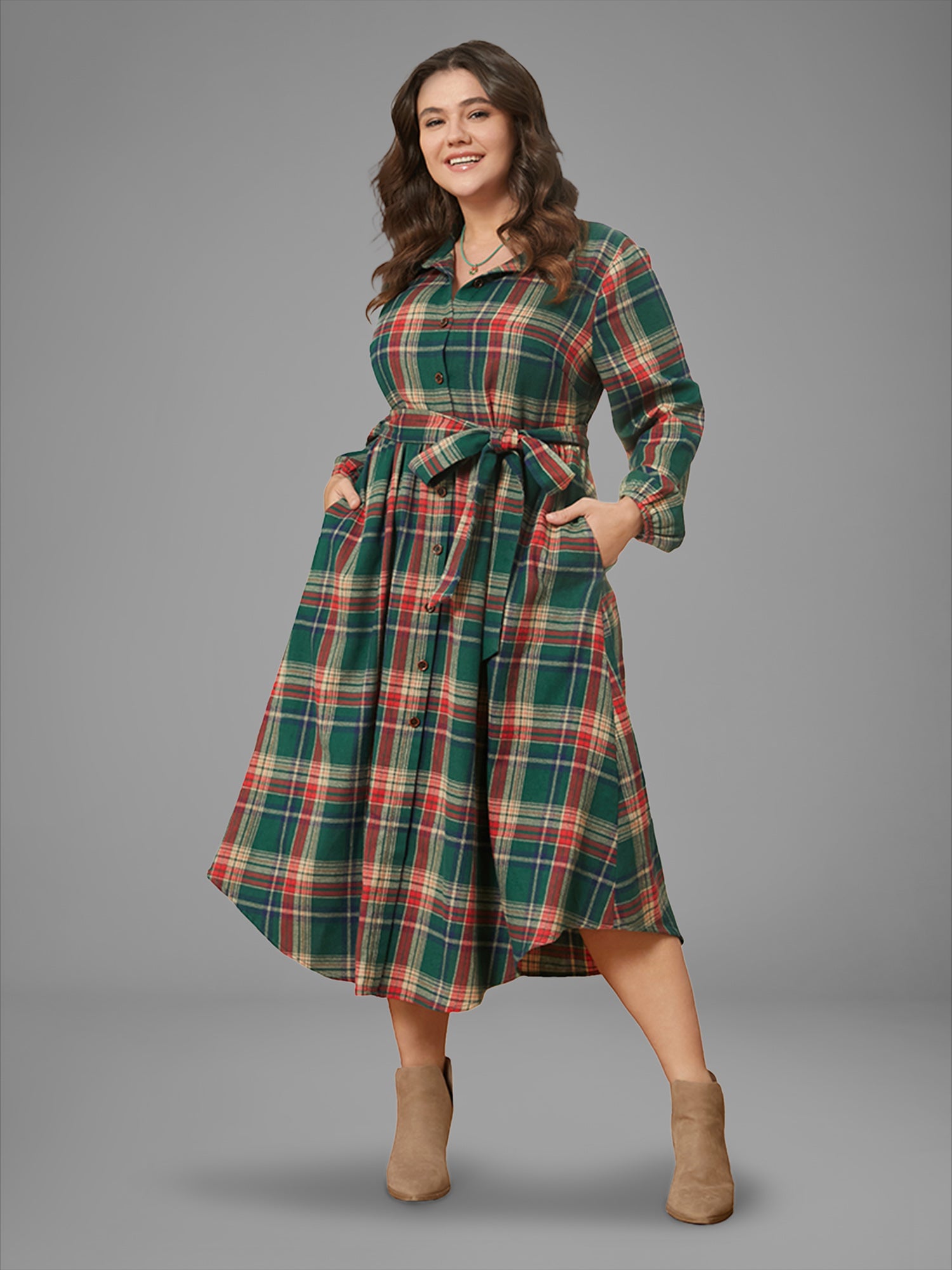 Plaid Button Detail Pocket Belted Arc Hem Dress