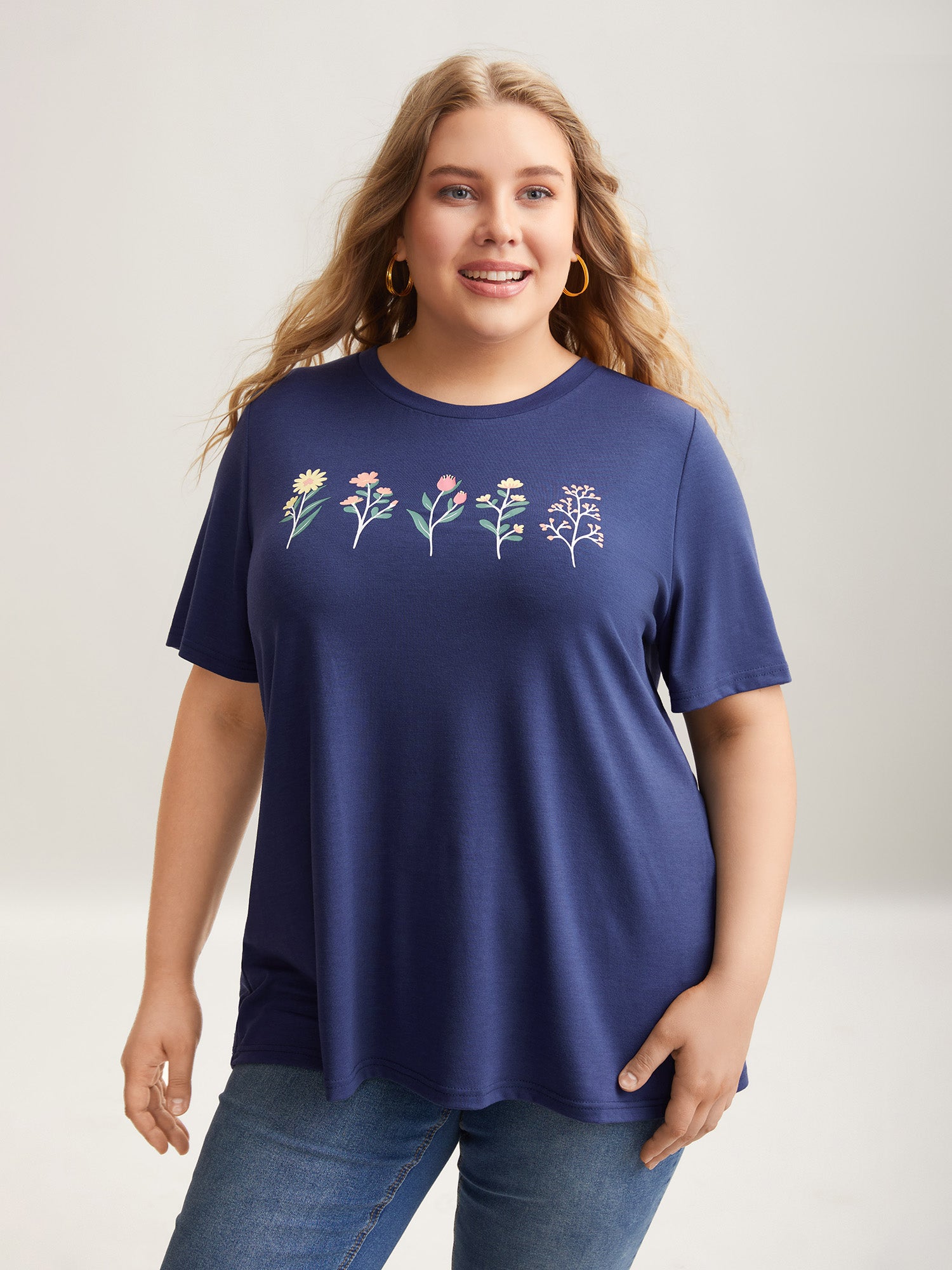 Plants Print Stretchy Crew Neck T-Shirt