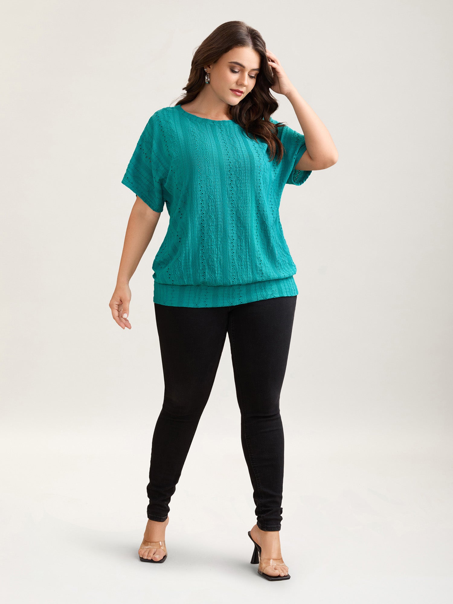 Eyelet Trim Stretchy Textured Plain Top