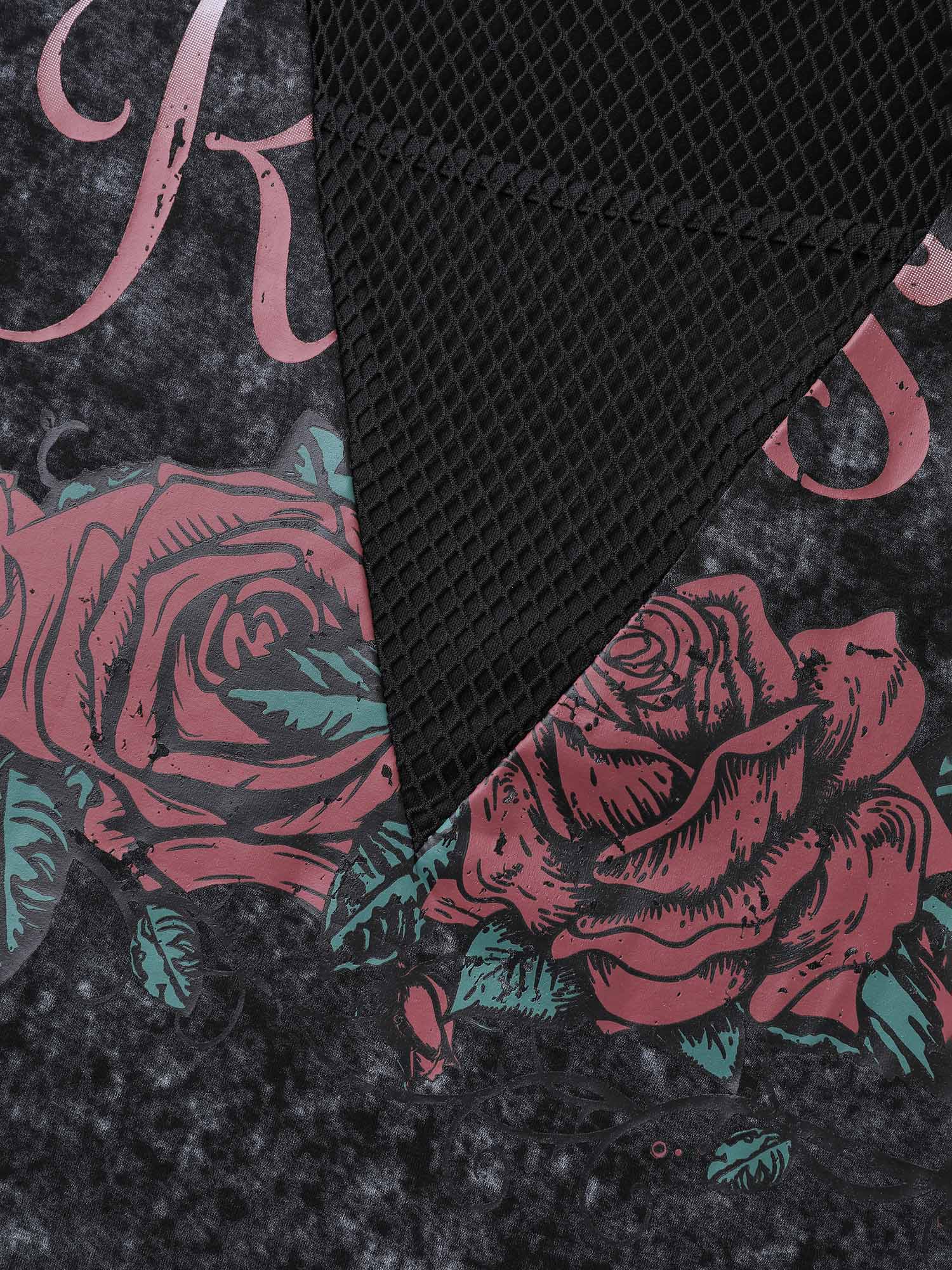 Midnight Rosy Print Sheer Neckline T-Shirt