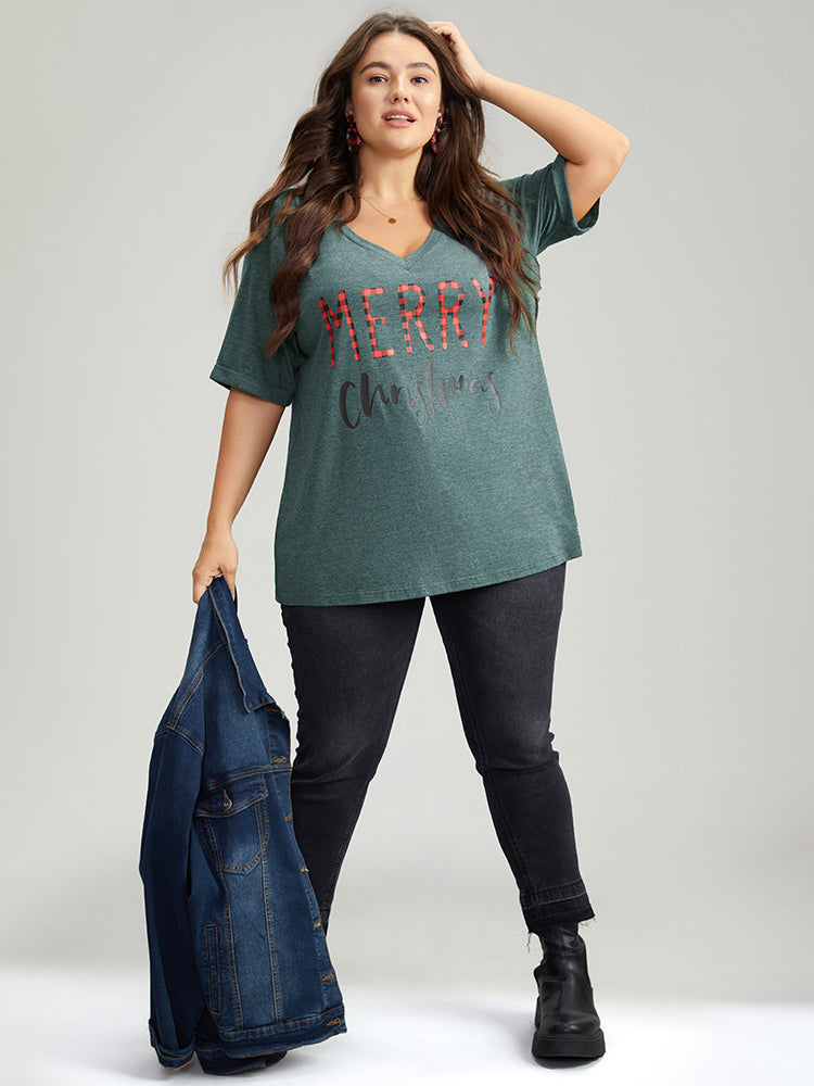 Christmas Gingham Patchwork V Neck T-shirt