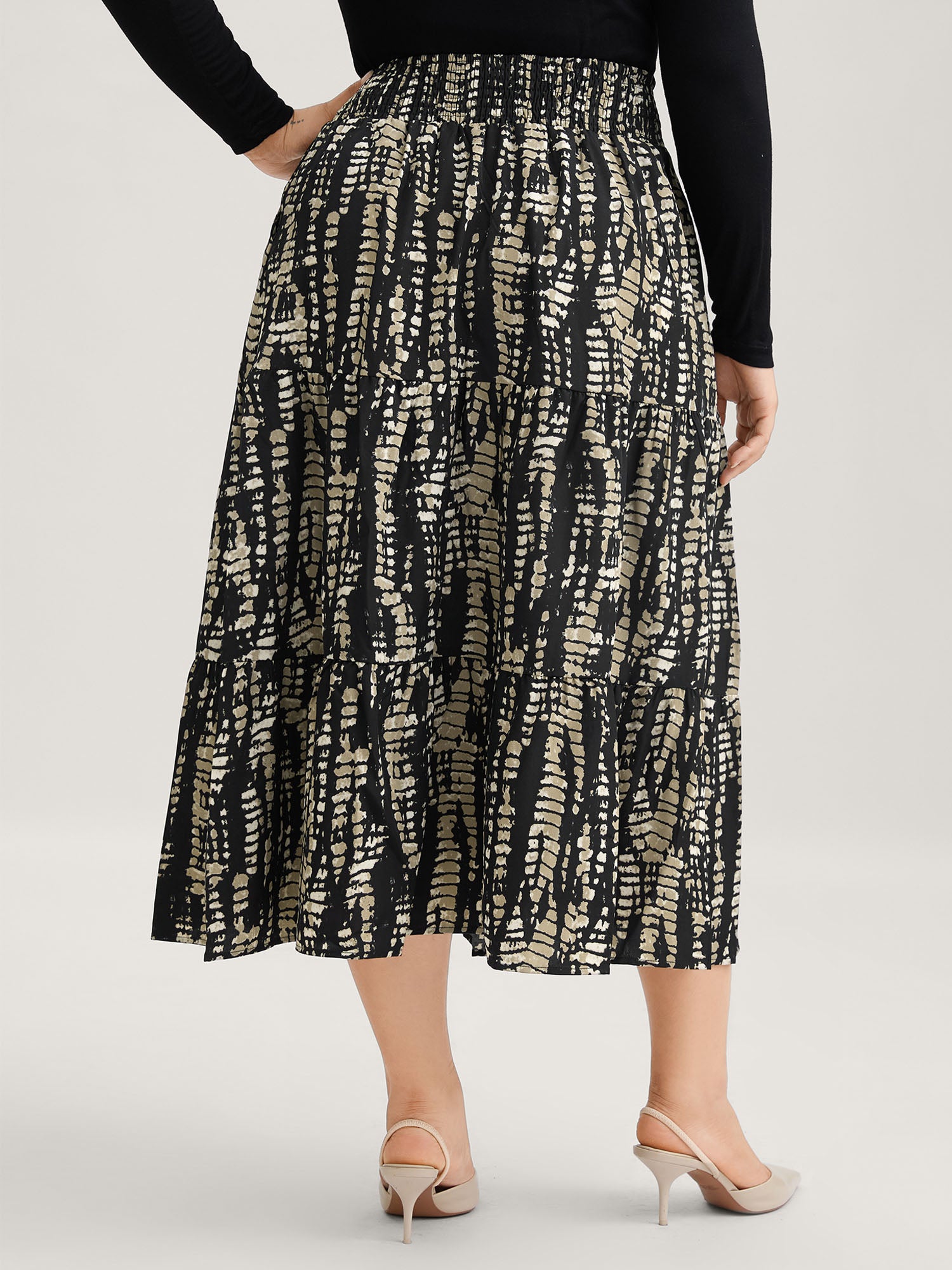 Geometric Shirred Ruffle Layered Hem Skirt