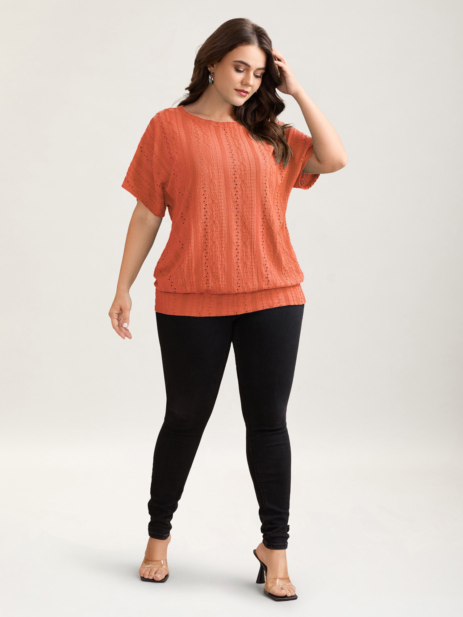 Eyelet Trim Stretchy Textured Plain Top