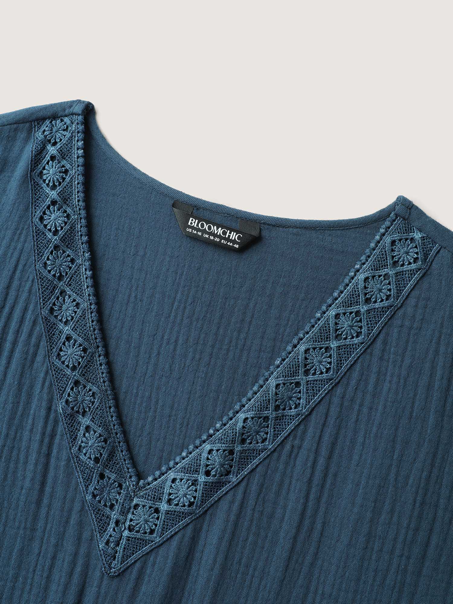 Pure Cotton Lace V-Neck Solid Midi Dress