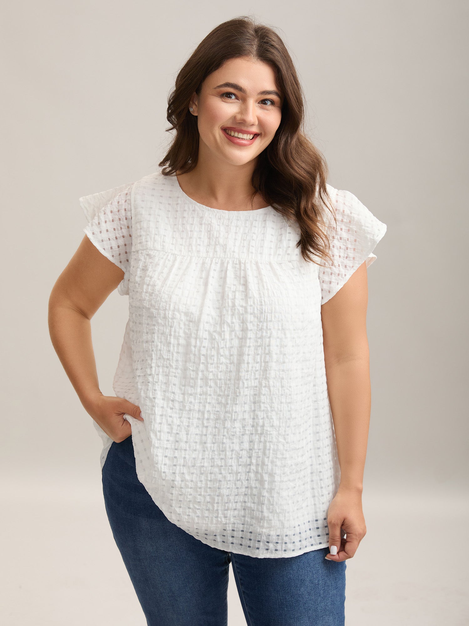 Textured Sheer Lined Flutter Sleeve Blouse