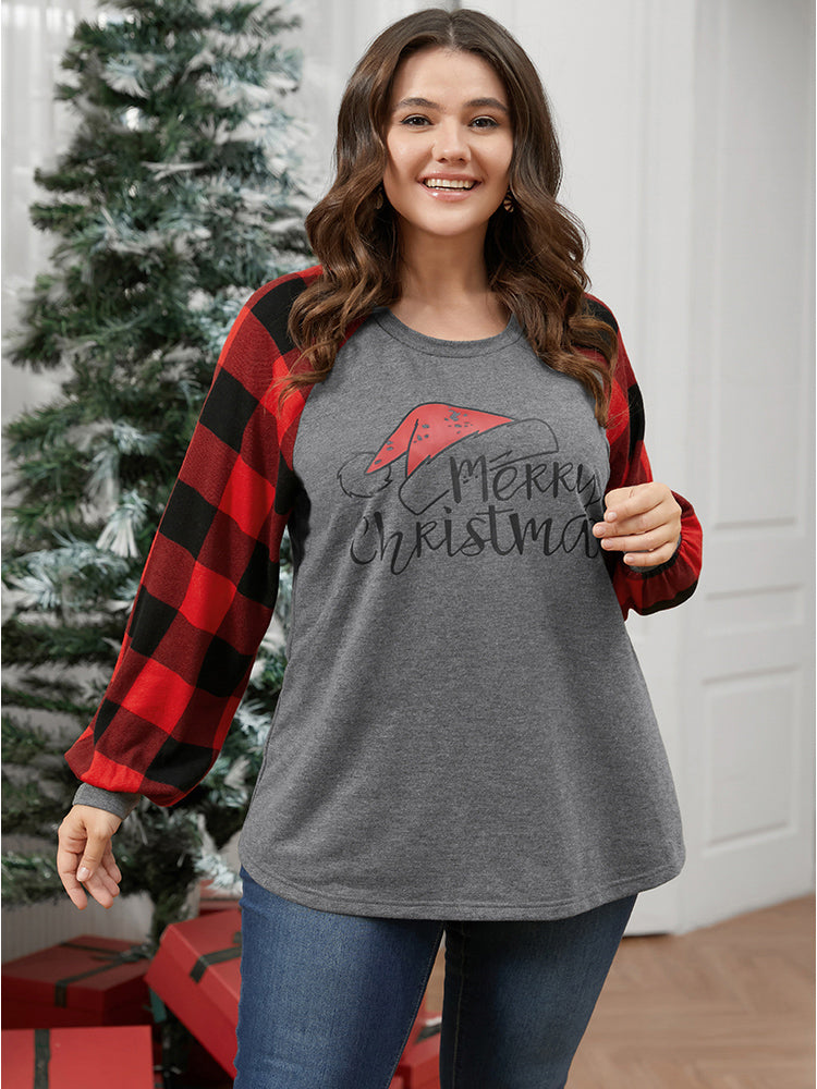 Letter Print Round Neck Plaid Long Tee