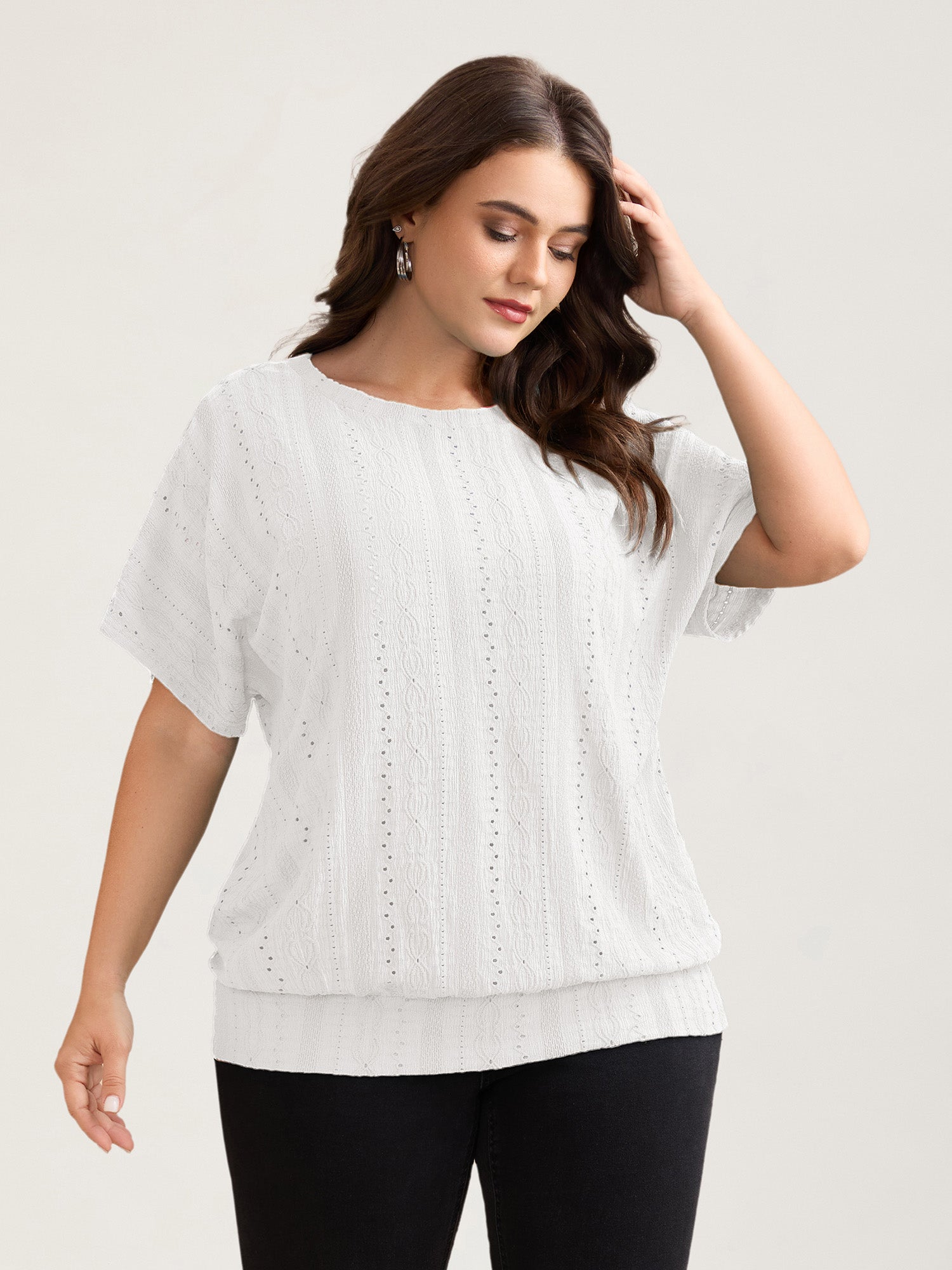 Eyelet Trim Stretchy Textured Plain Top