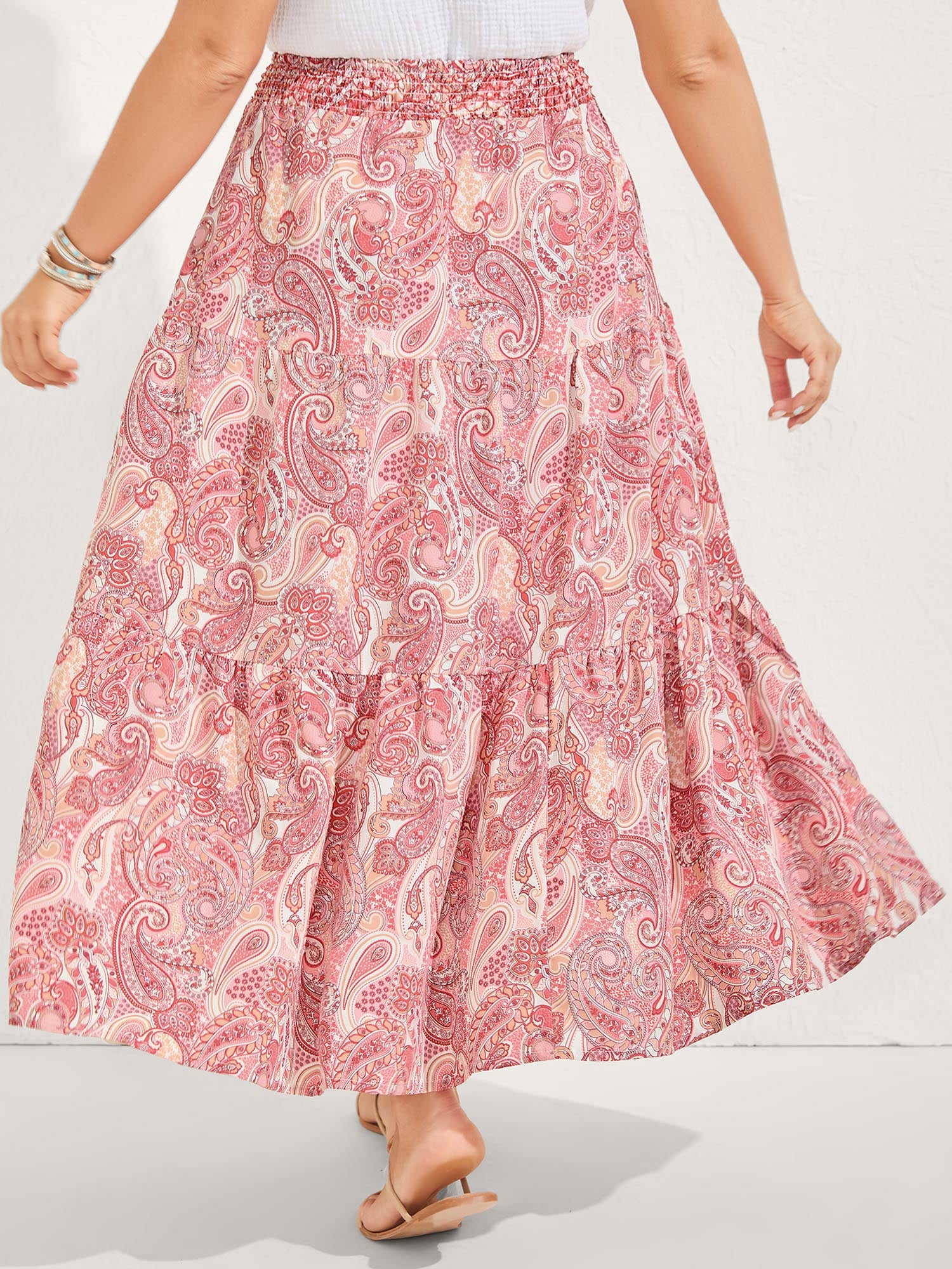 Paisley Print Shirred Waist Midi Skirt