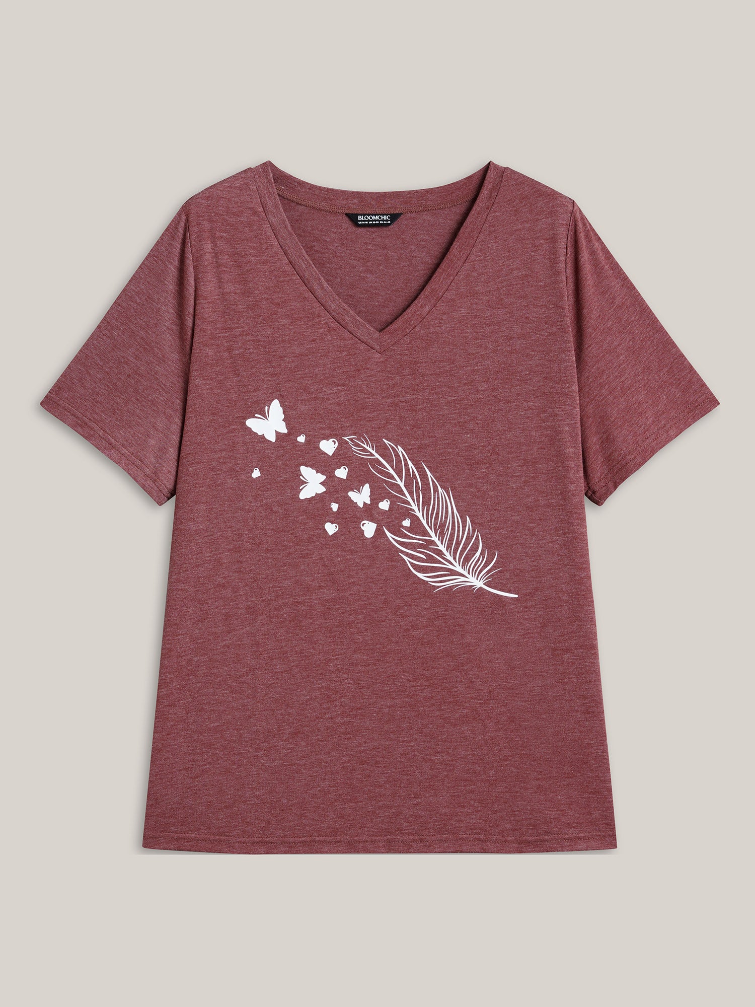 Feather Print V-Neck Fitted T-Shirt