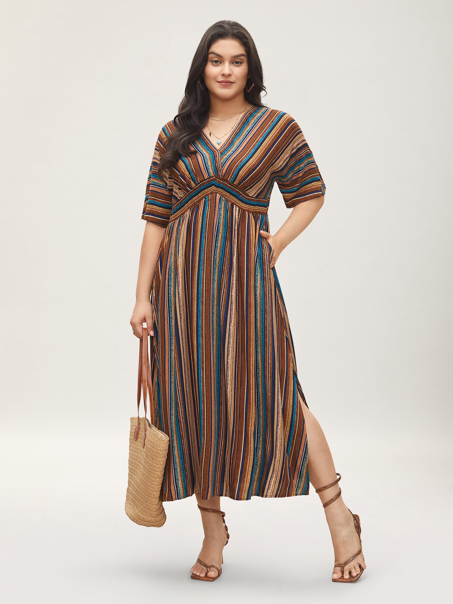 Striped Contrast Dolman Sleeve Shirred Pocket Split Flutter Dress