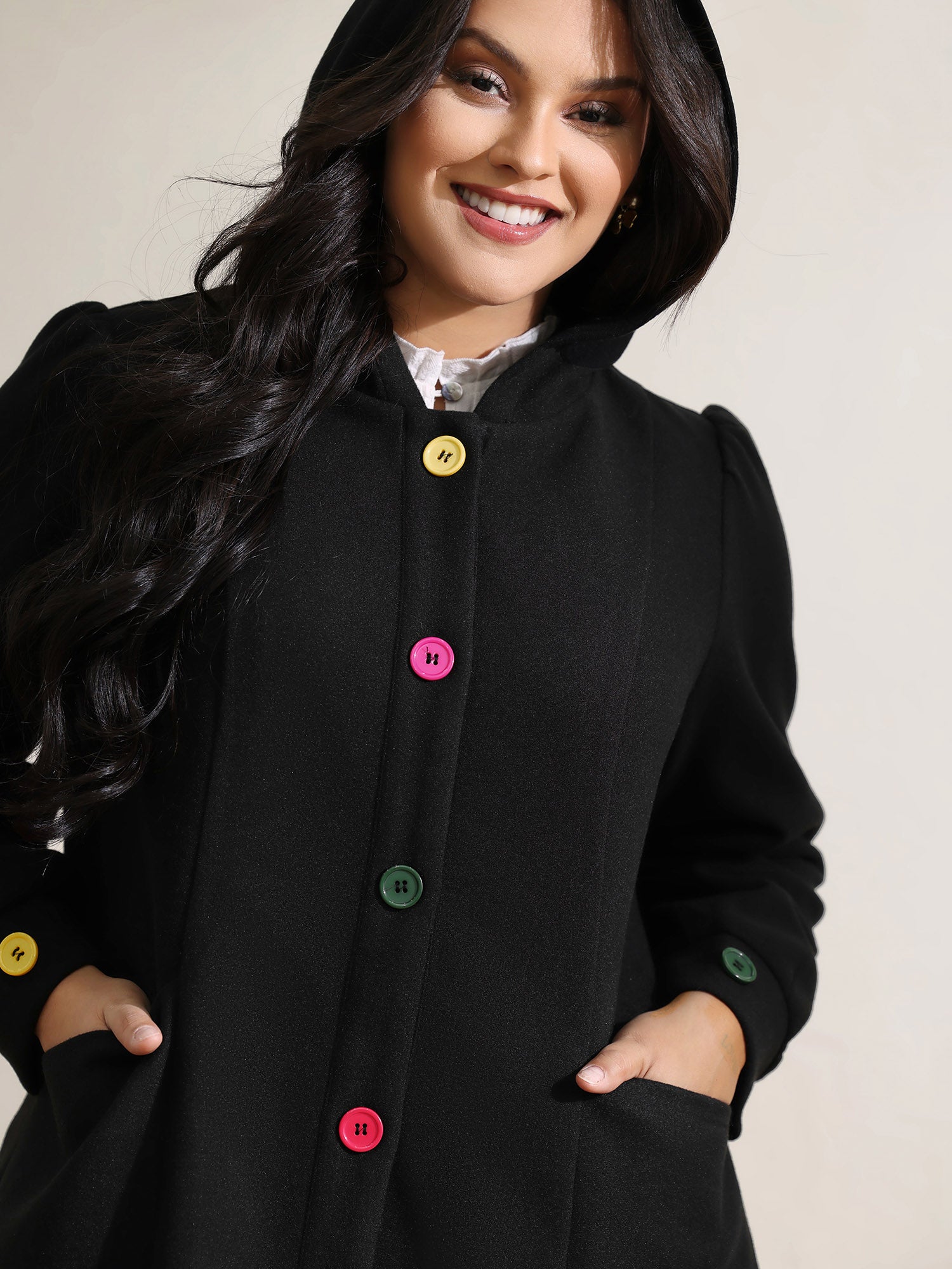 Colorful Buttons Hooded Pocket Coat