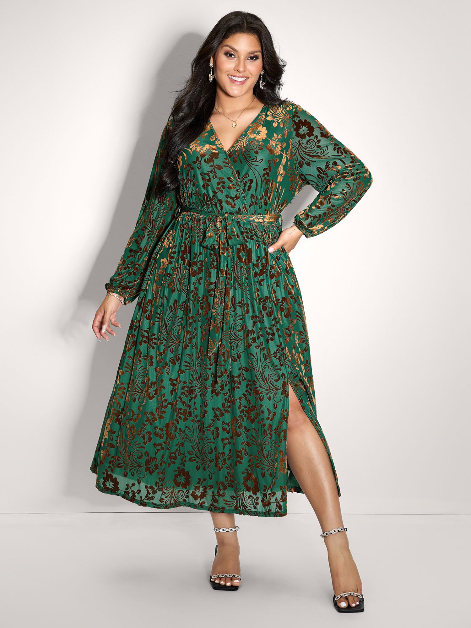 Laser-Cut Velvet Waist-Tie Midi Dress