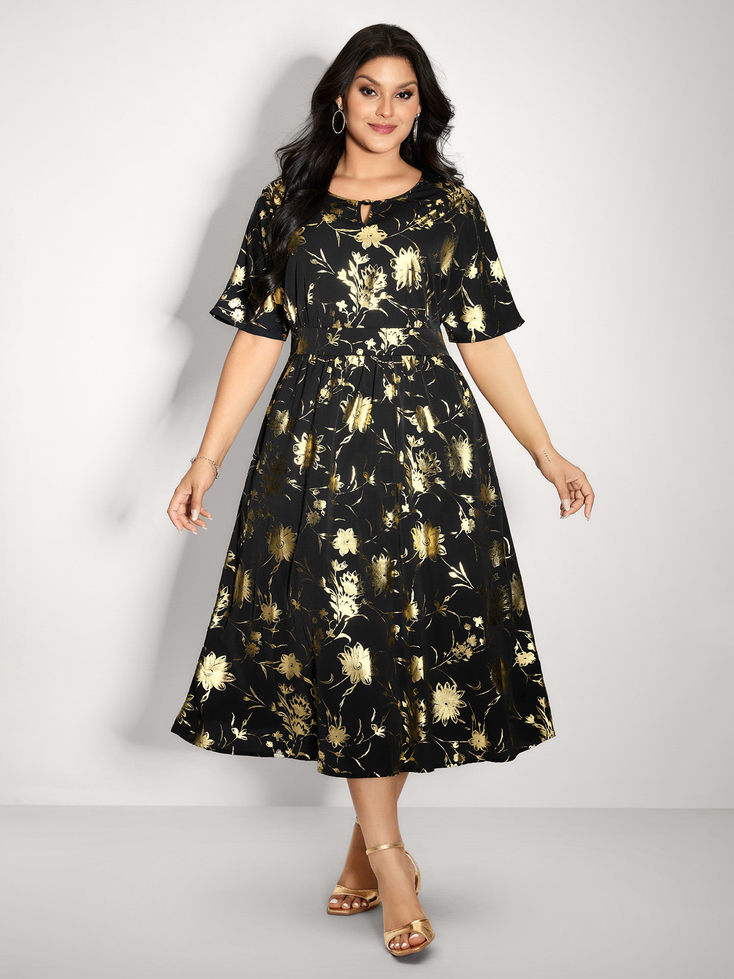 Gold Stamp Shirred Back-Waist Maxi Dress
