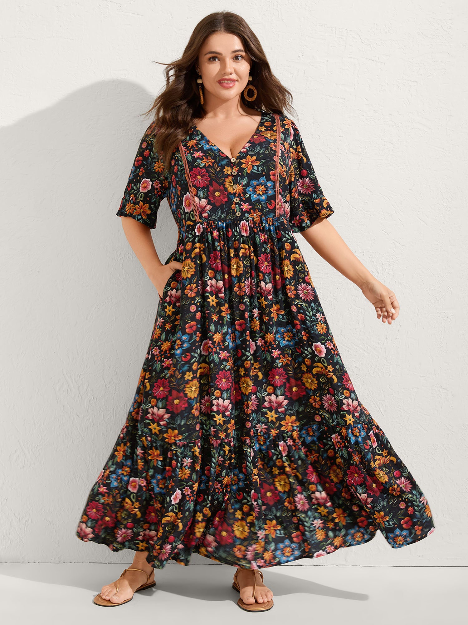 Rayon Floral Lace Trim Button Maxi Dress