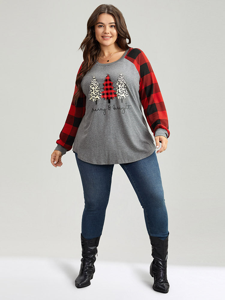 Plaid Christmas Trees Round Neck T-shirt