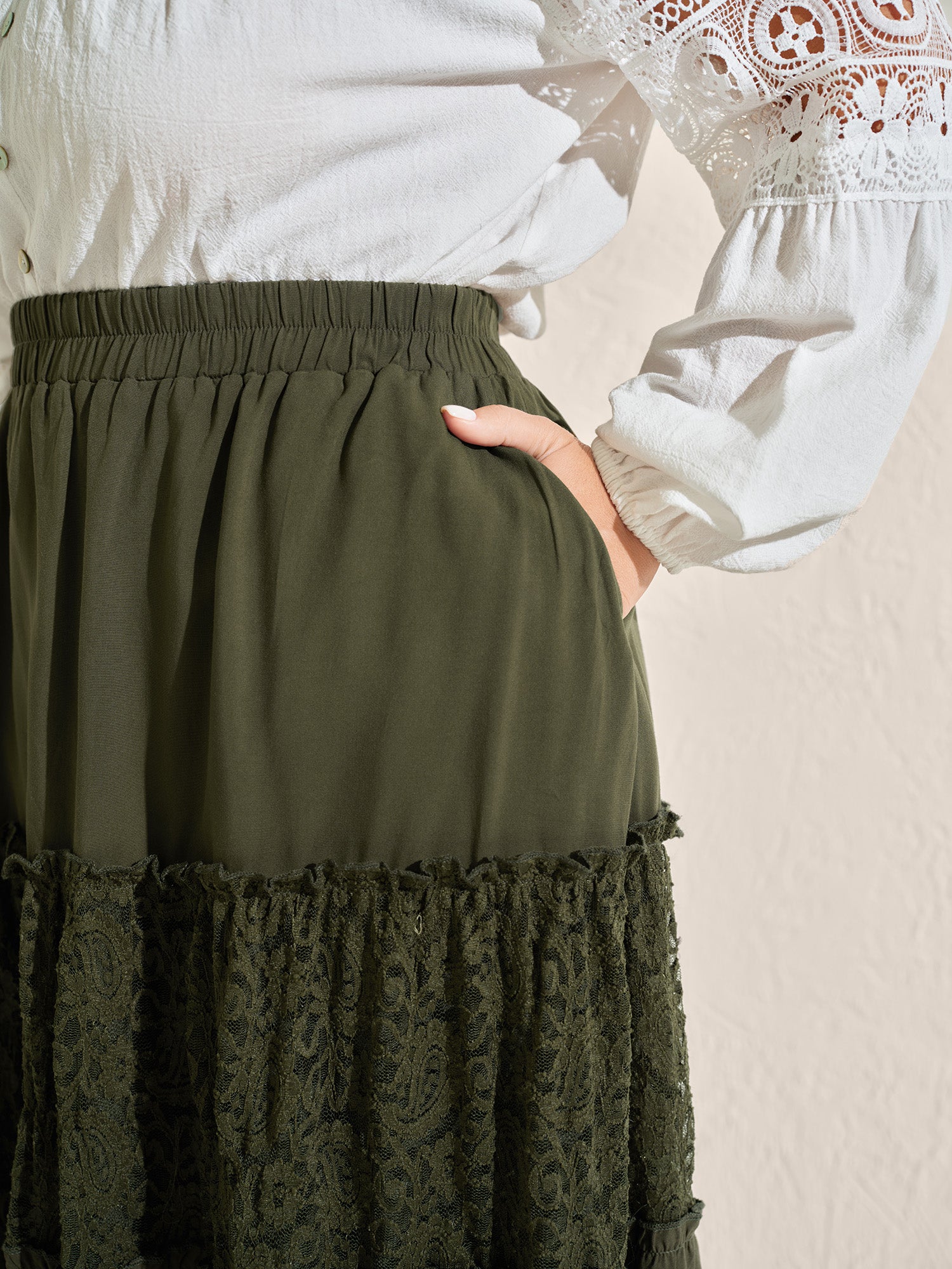 Lace Trim Flowy Tiered Maxi Skirt