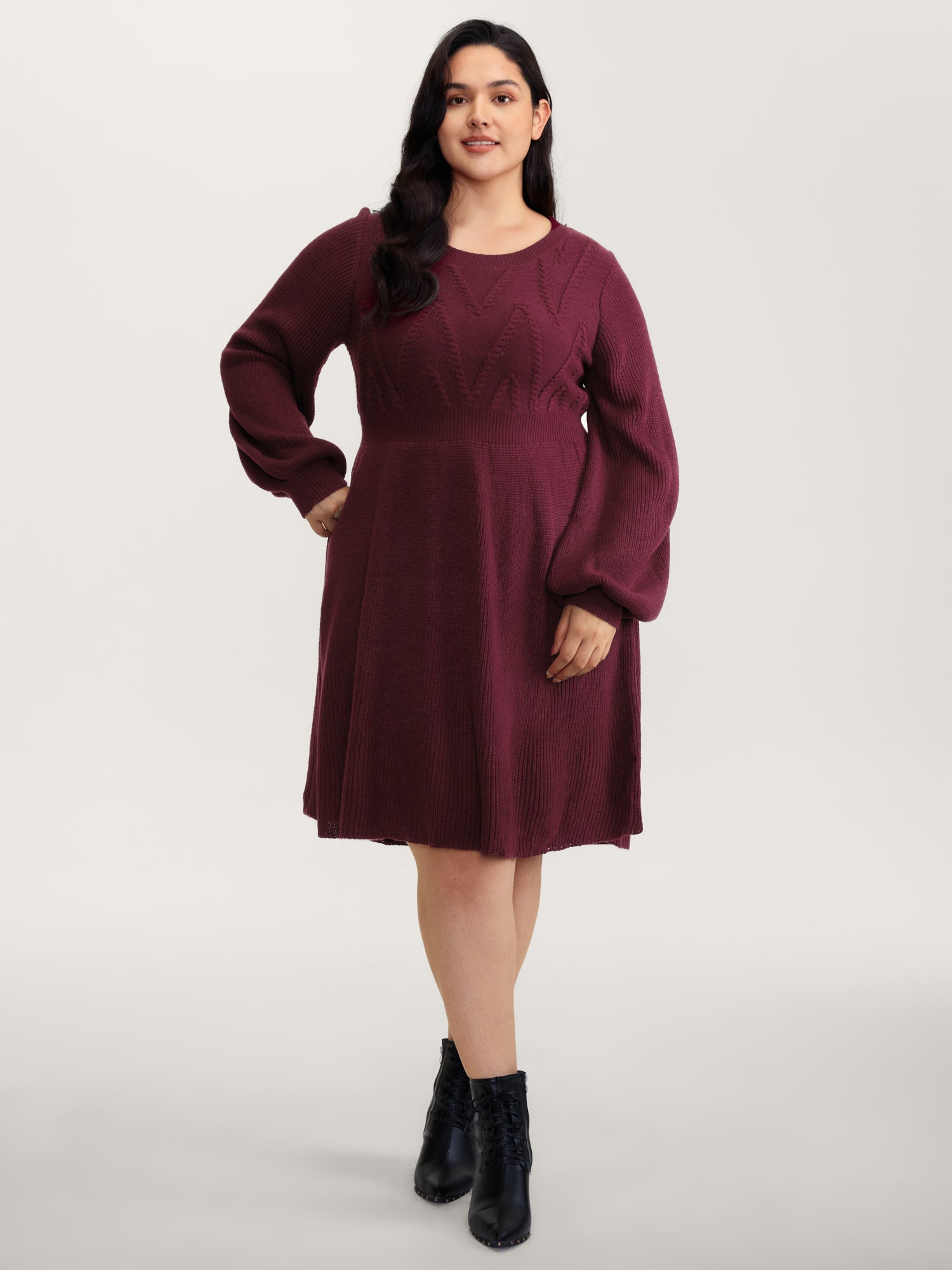 Cable Knit Elastic Waist Midi Sweater Dress