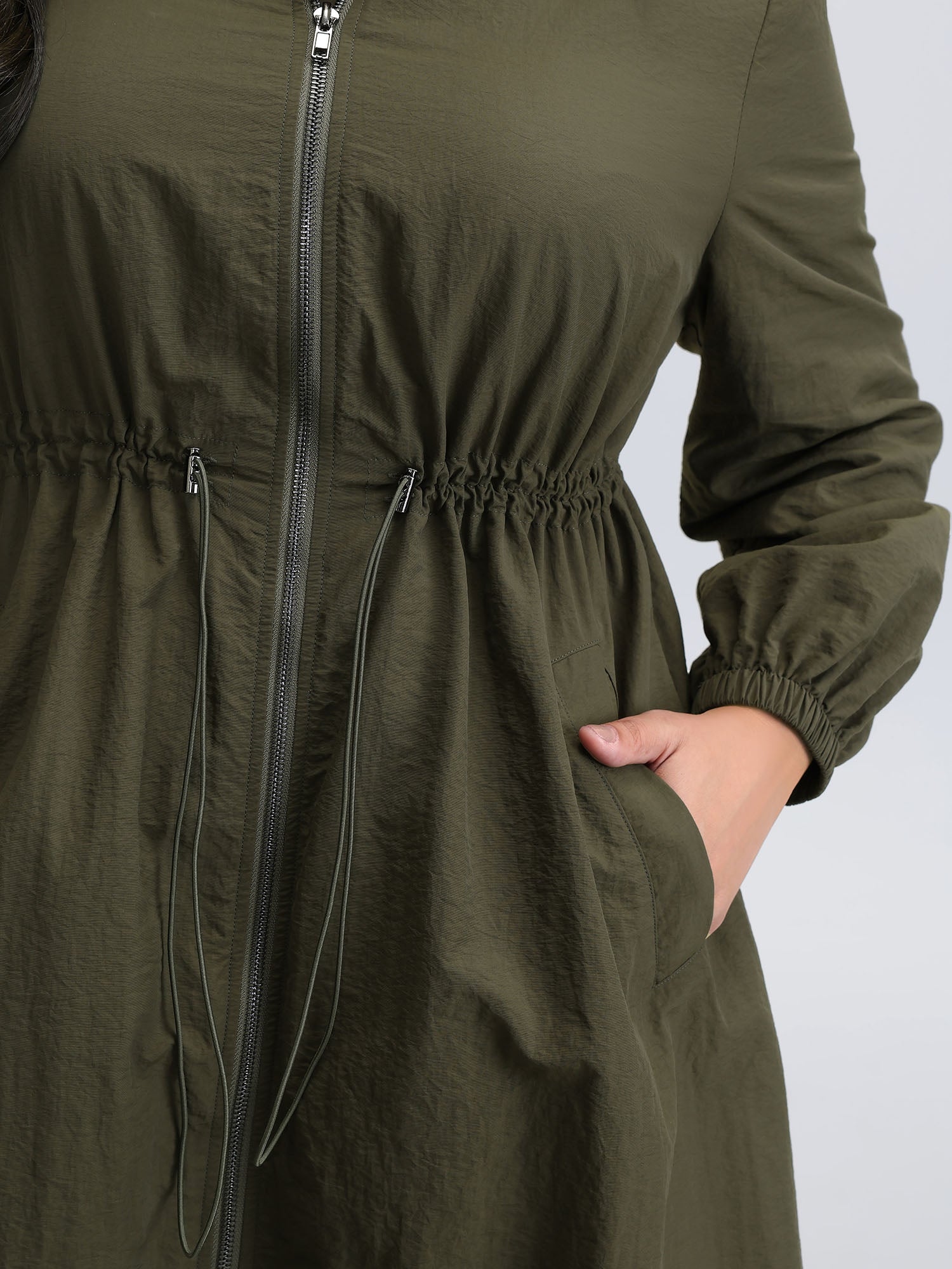 Drawstring Waist Pockets Hooded Coat