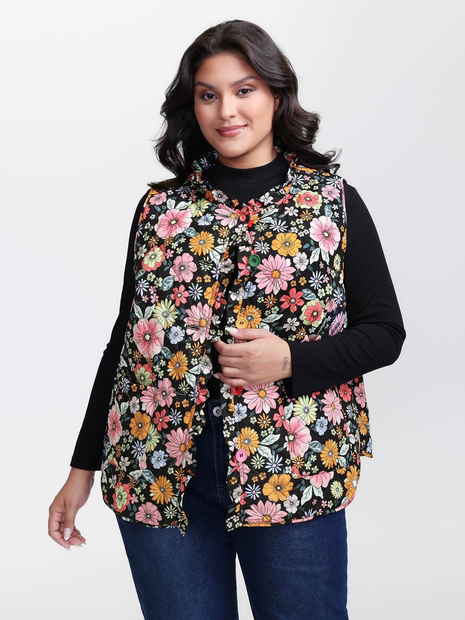 Floral Quilted Cotton Ruffled Neck Vest