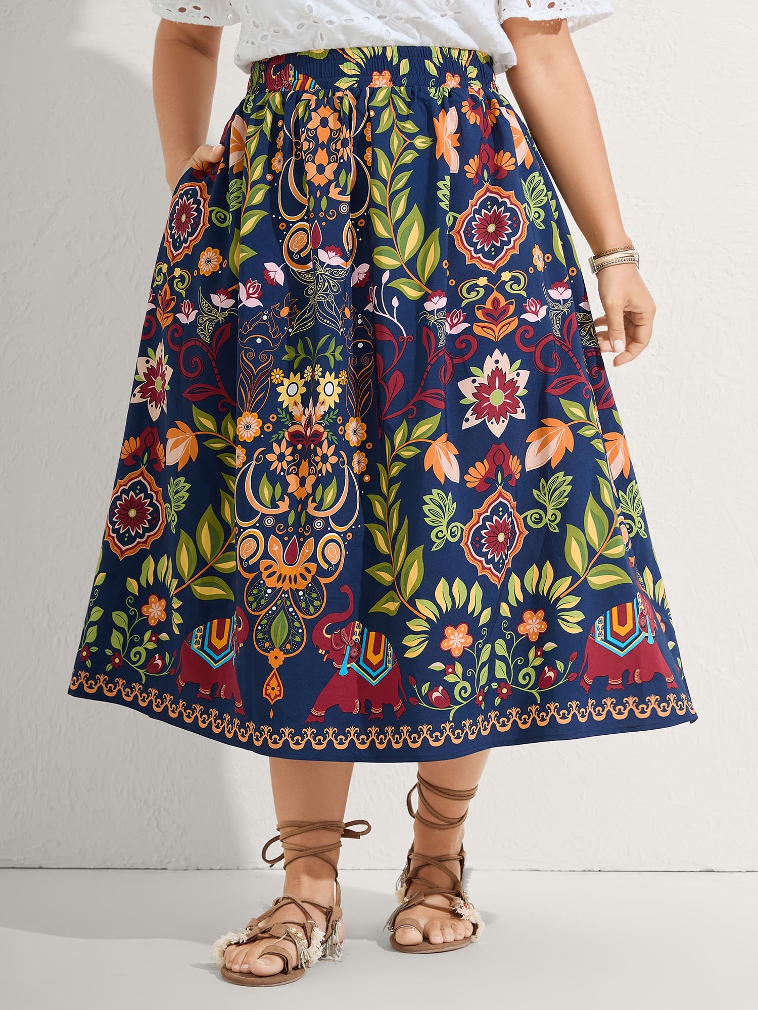 Multi-Color Floral Pockets Midi Skirt