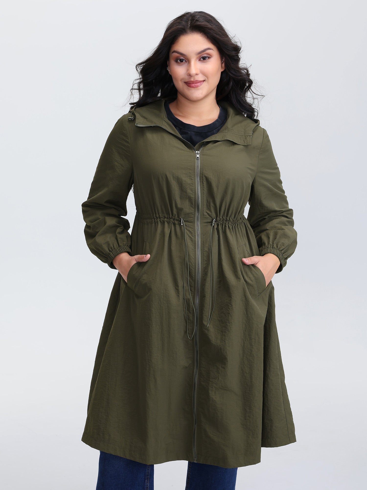 Drawstring Waist Pockets Hooded Coat
