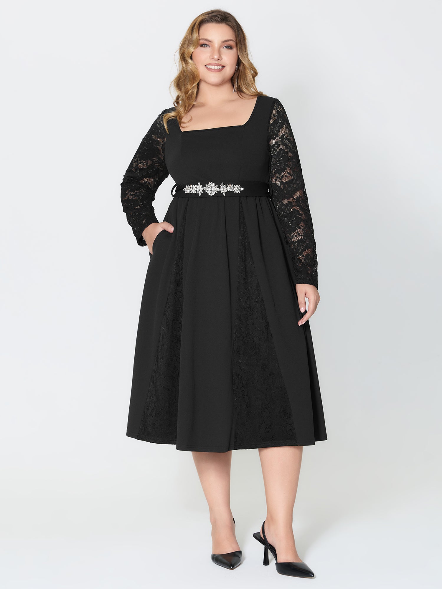 Hotfix Rhinestones Lace Trim Midi Dress