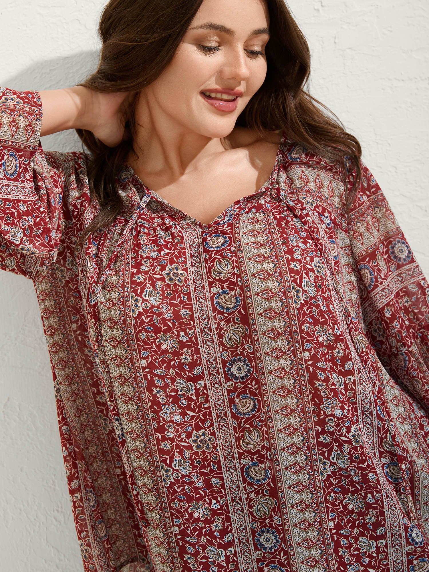 Chiffon Floral Sheer Print Neck-Tie Blouse