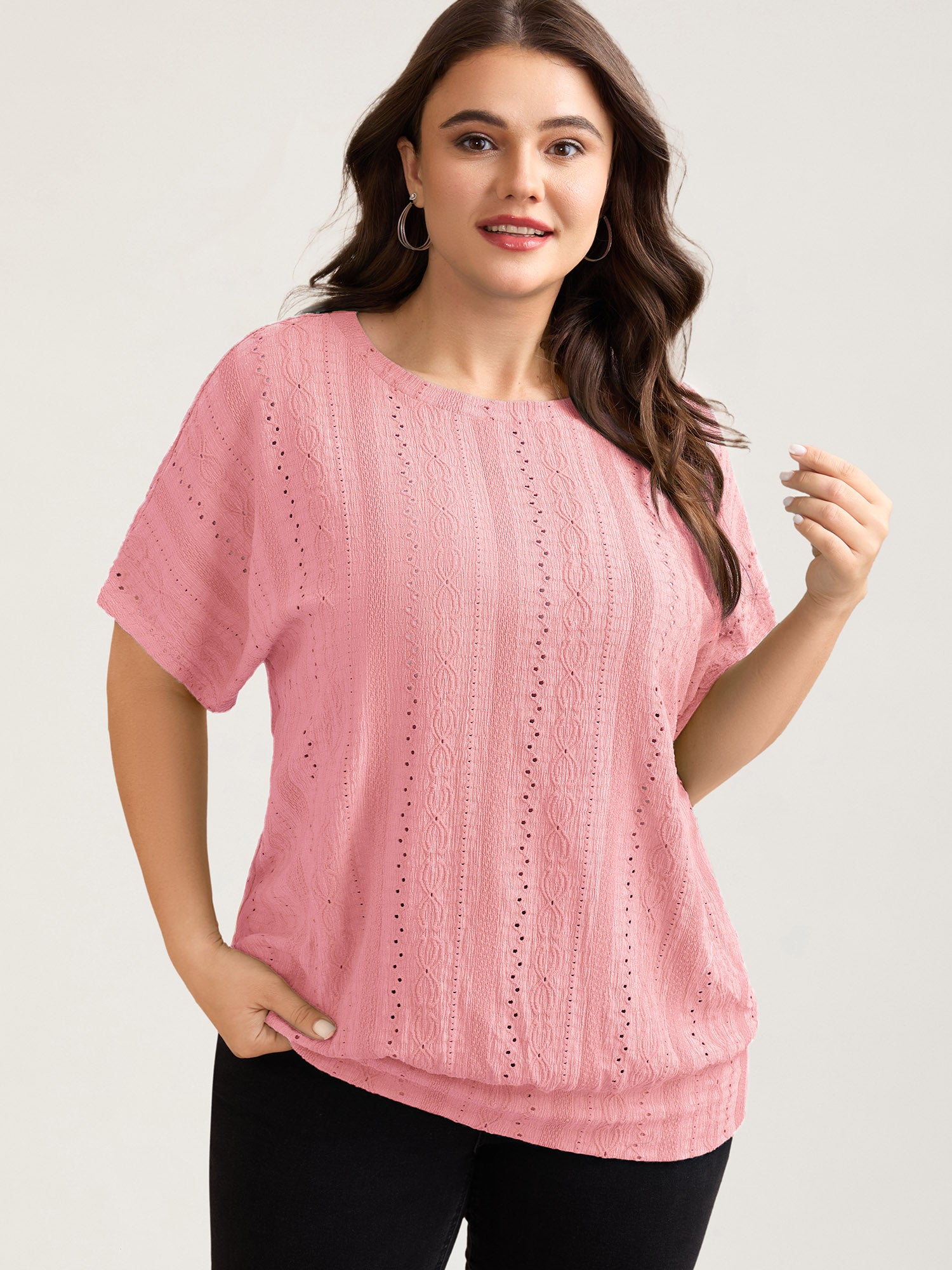 Eyelet Trim Stretchy Textured Plain Top