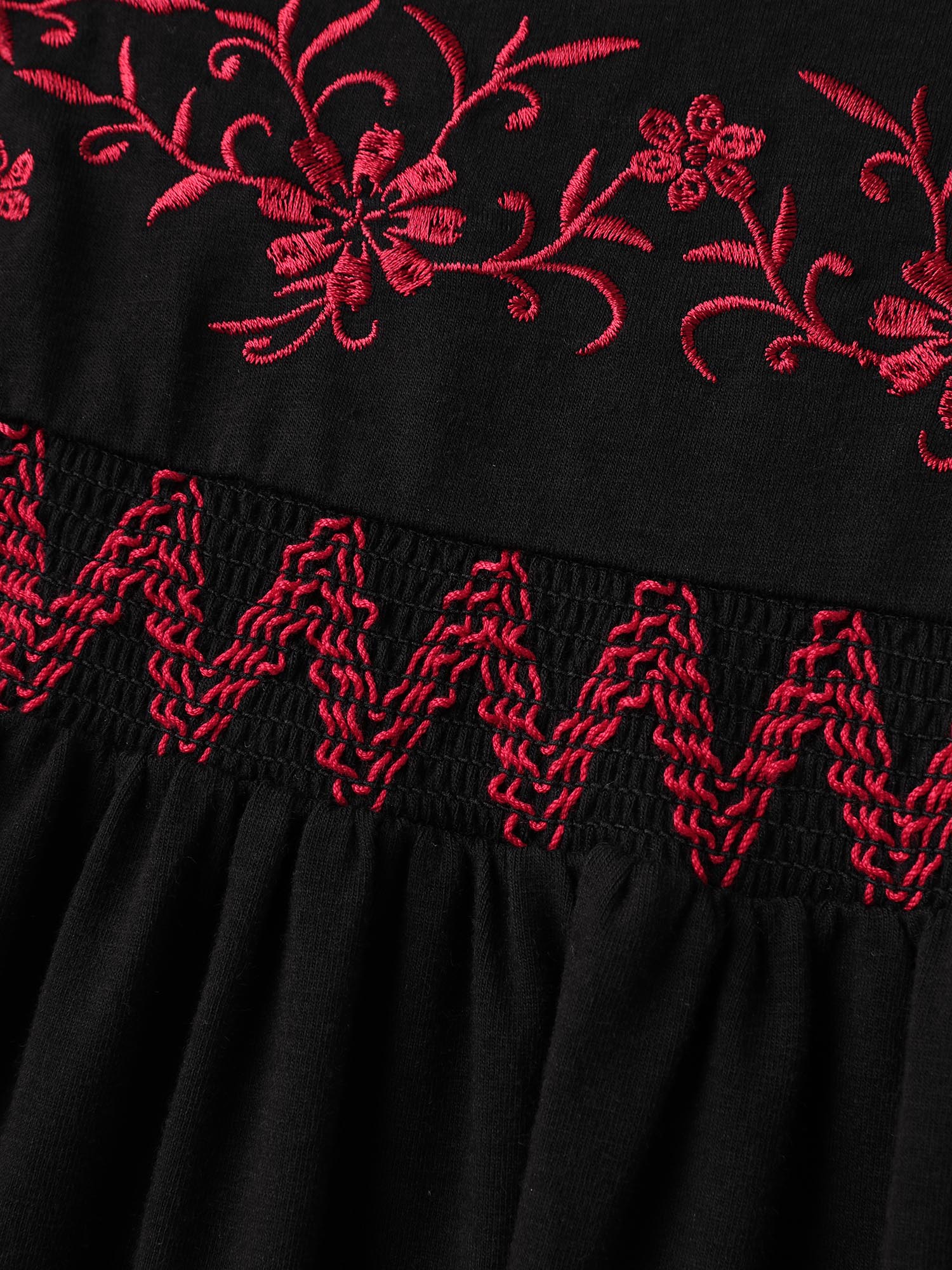 Floral Embroidery Neckline Shirred Knit Top