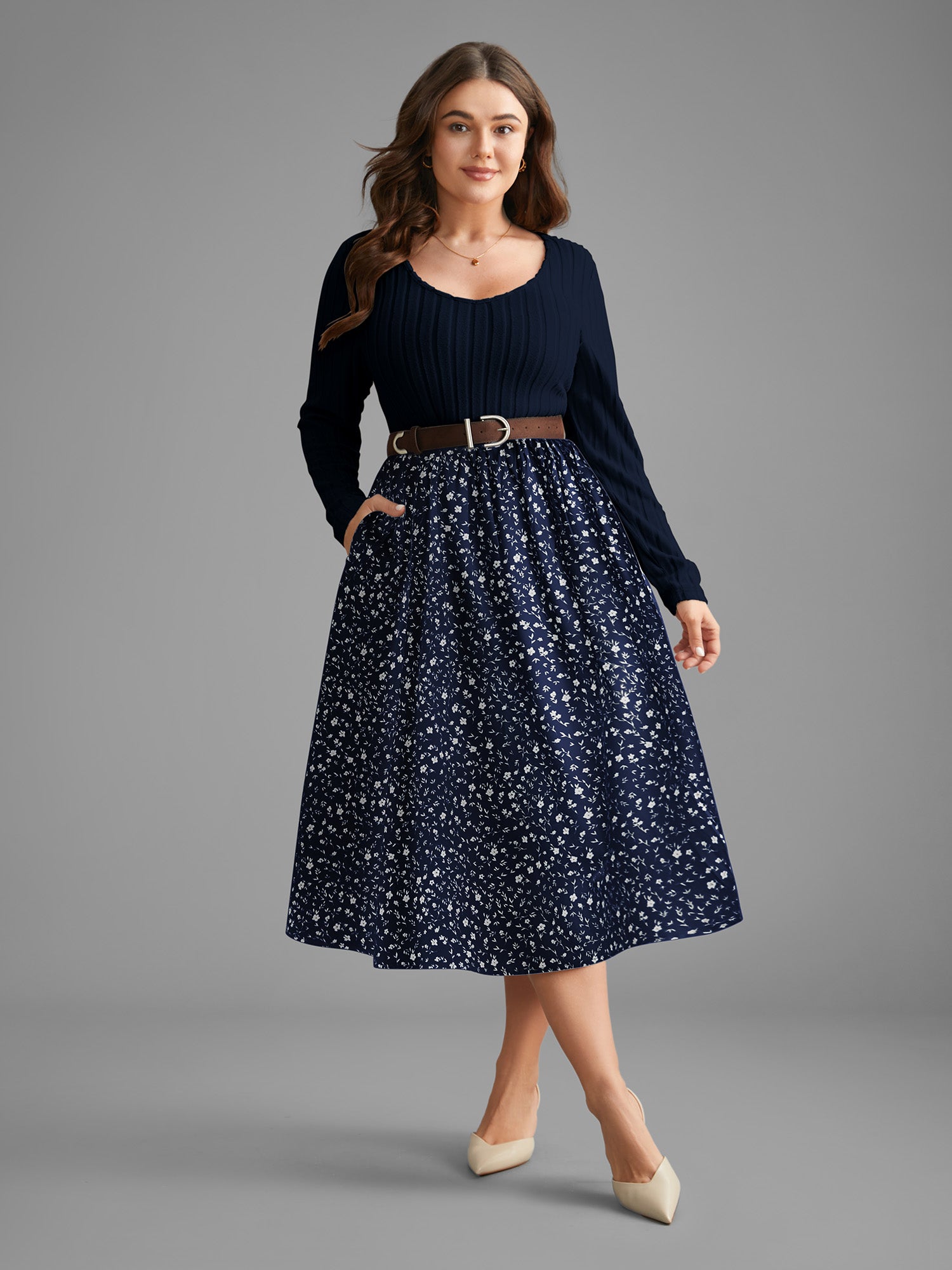 Ditsy Floral Patchwork Texture Midi Dress