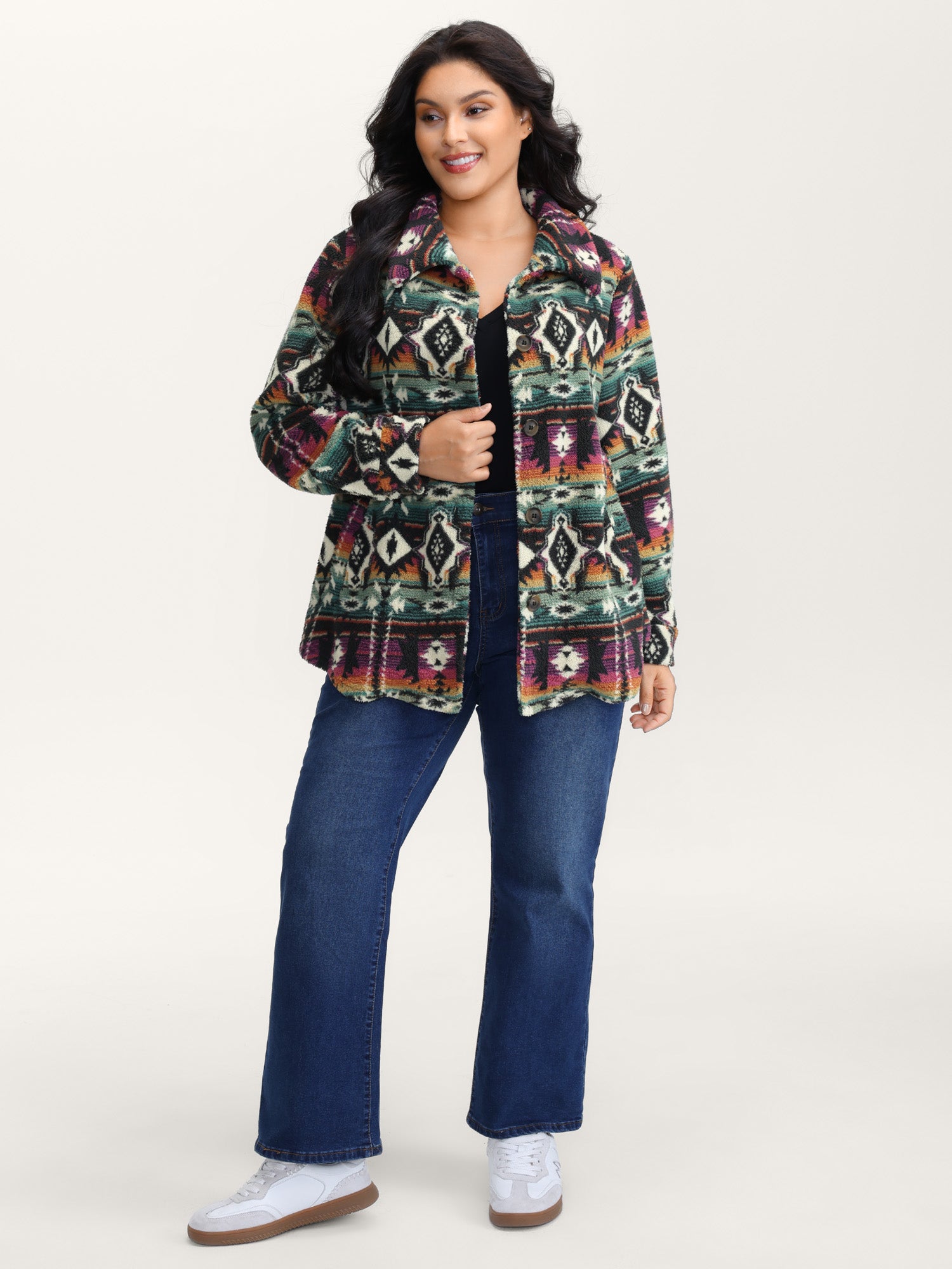 Geometric Velvet Button Pockets Coat