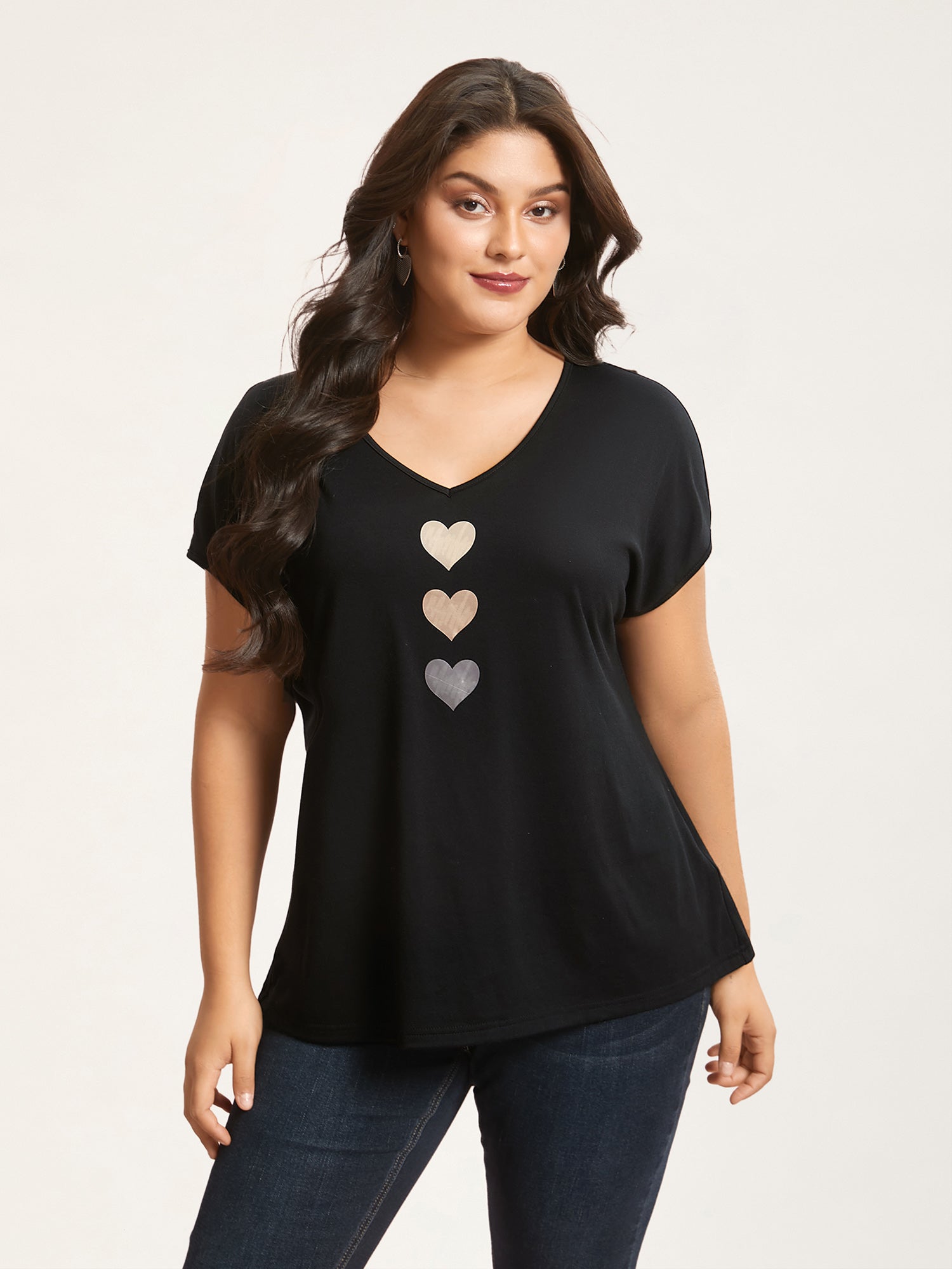 Heart Print Stretchy Dolman Sleeve T-Shirt
