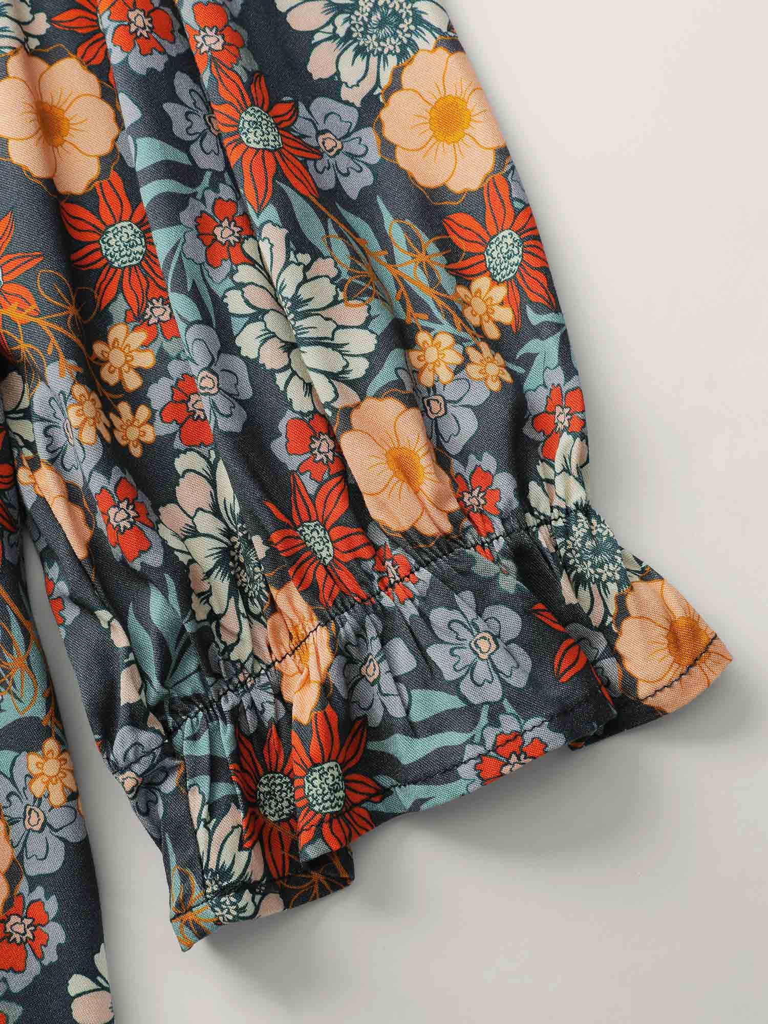 Cozy Floral Print Lace Trim Blouse