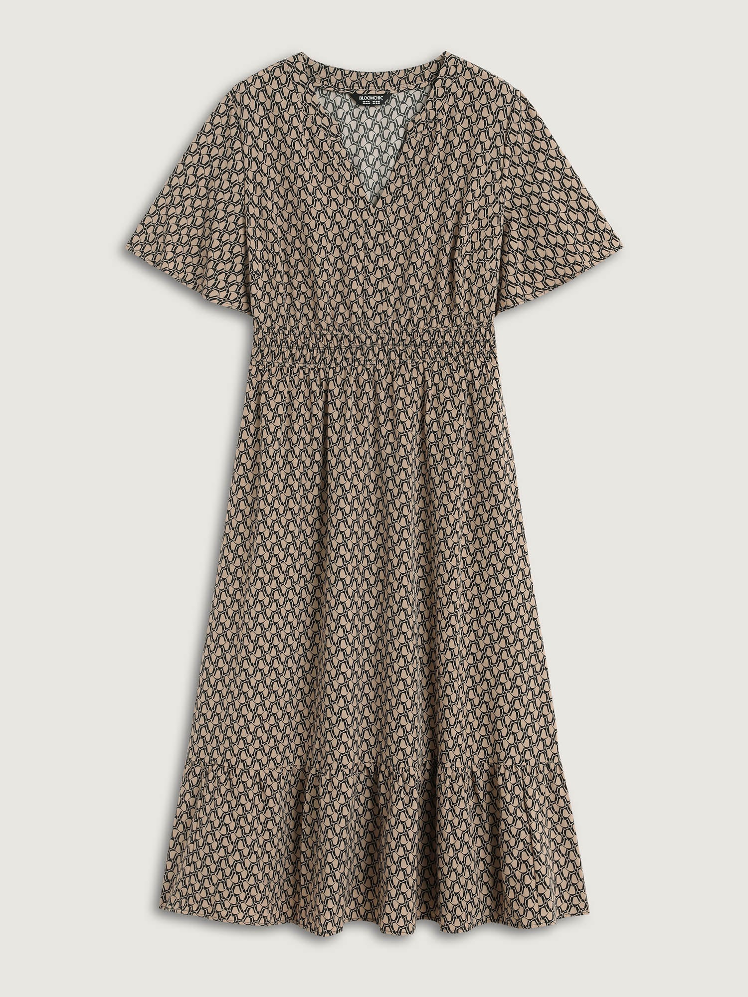 Geometric Print Waist-Cinched Tiered Midi Dress