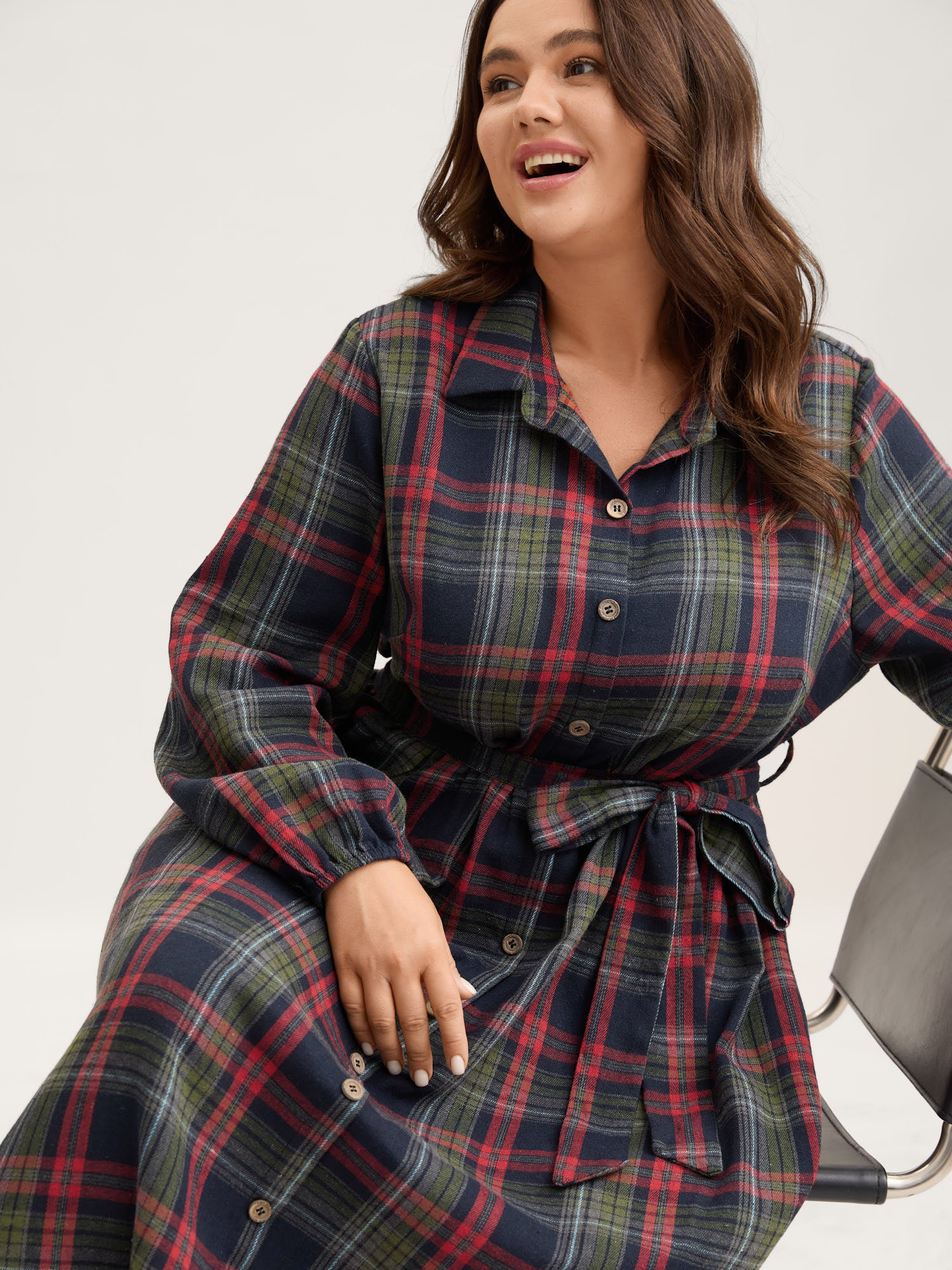 Plaid Button Detail Pocket Belted Arc Hem Dress