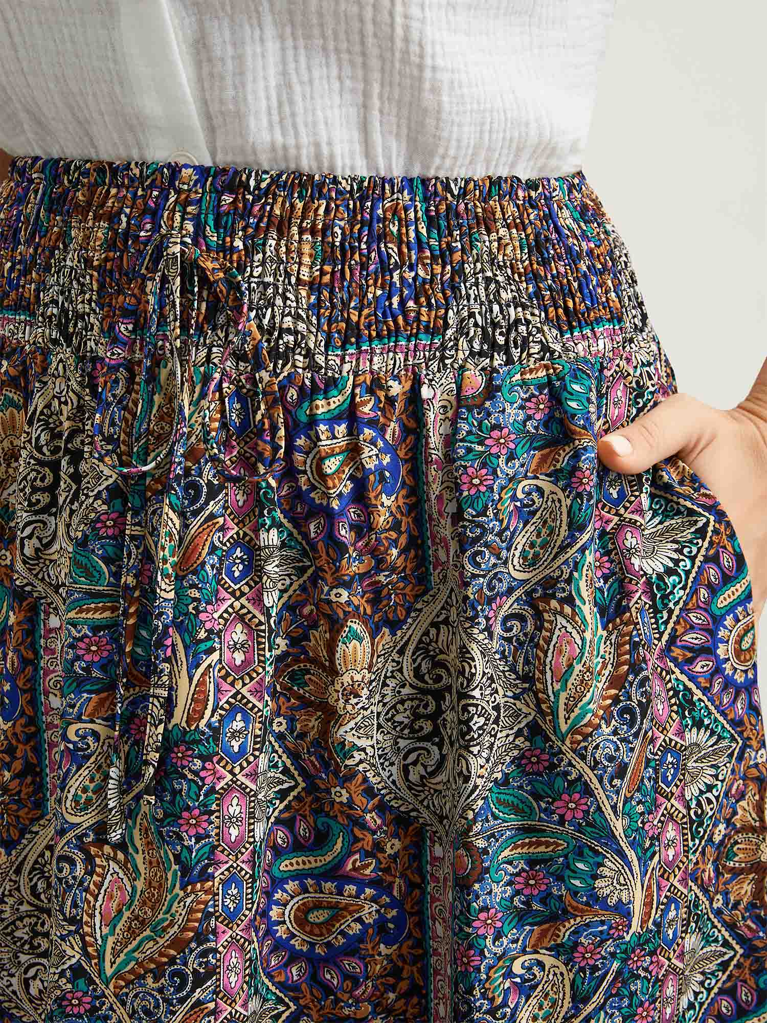 Boho Print Shirred Waist Midi Skirt