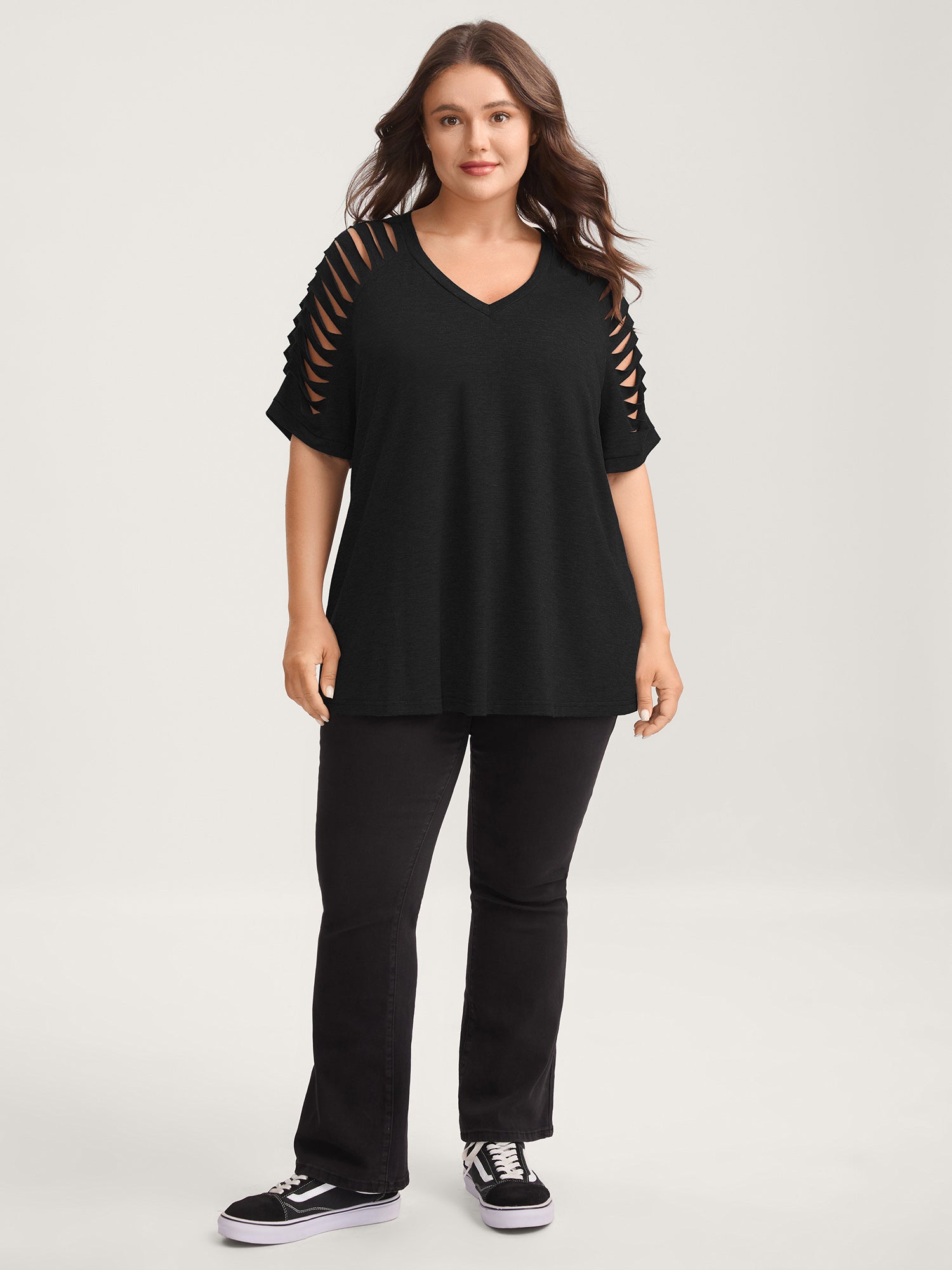 Cut-Out Sleeve V Neck T-Shirt