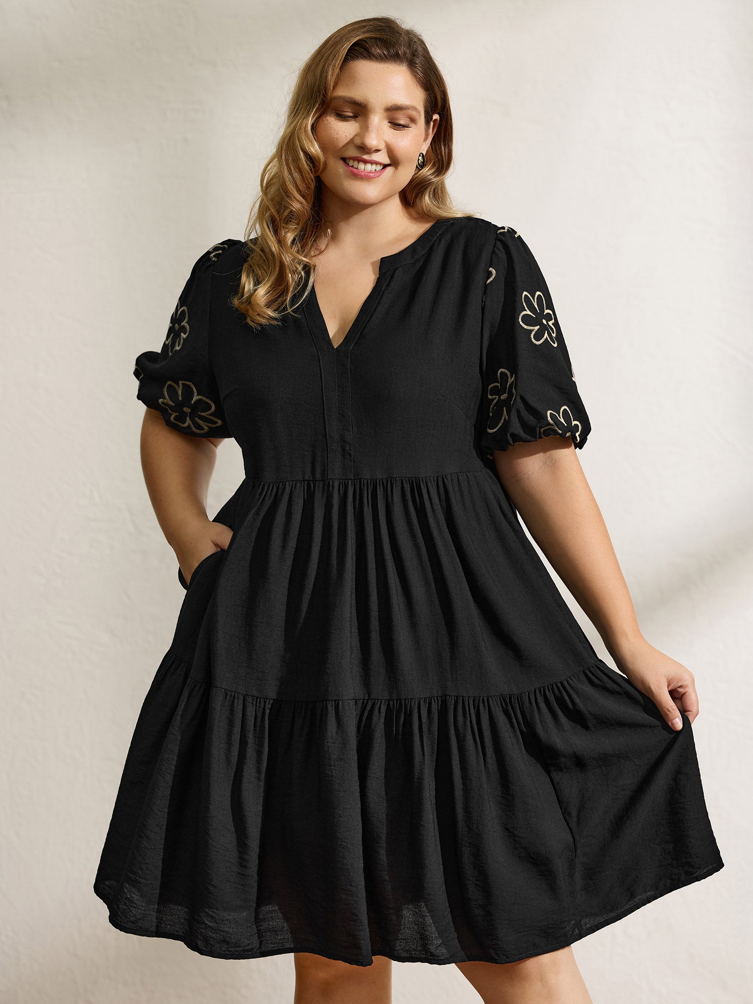 Floral Embroidered Sleeve A-Line Midi Dress