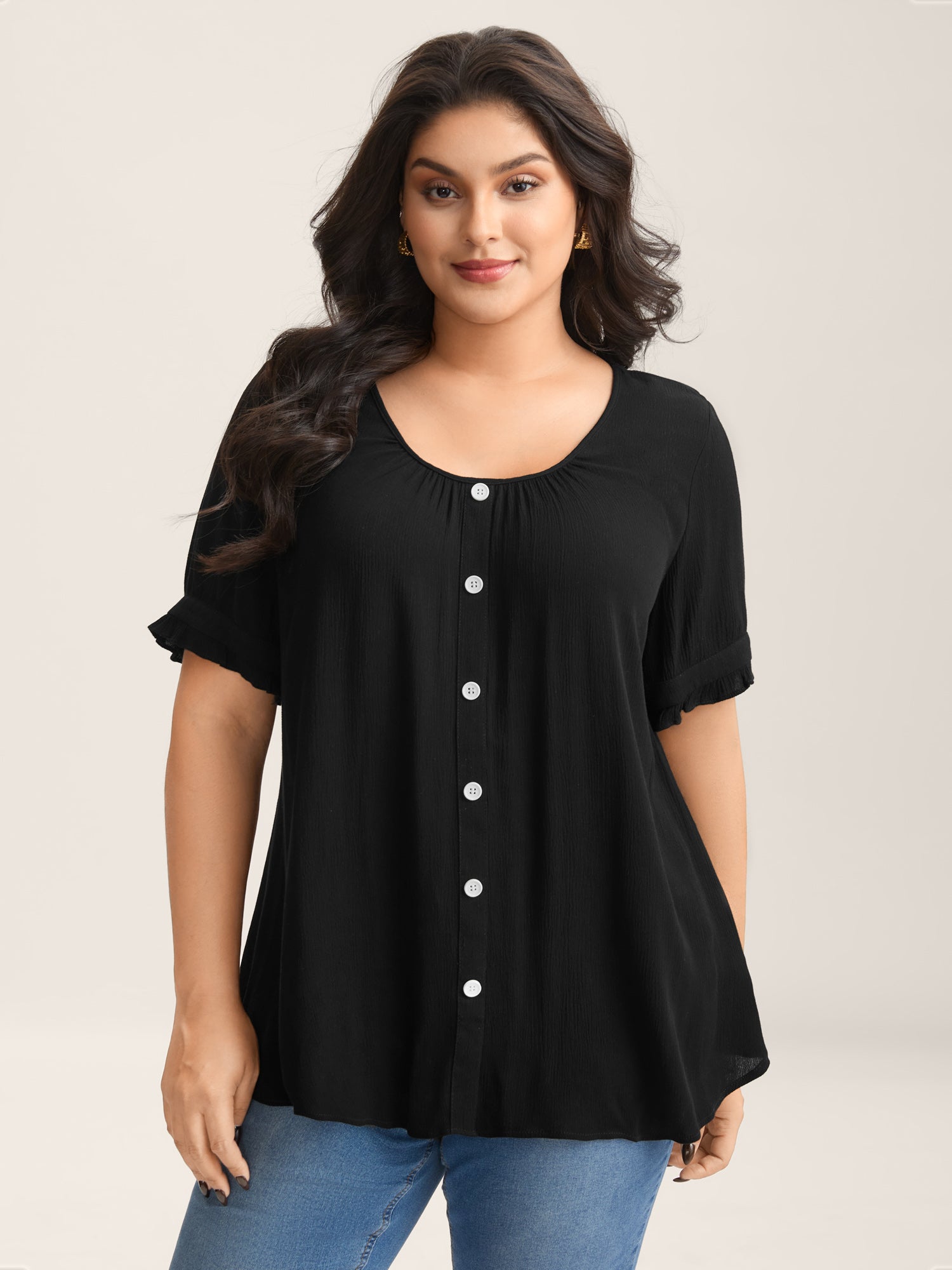 Textured Button Detail Pleated Solid Top